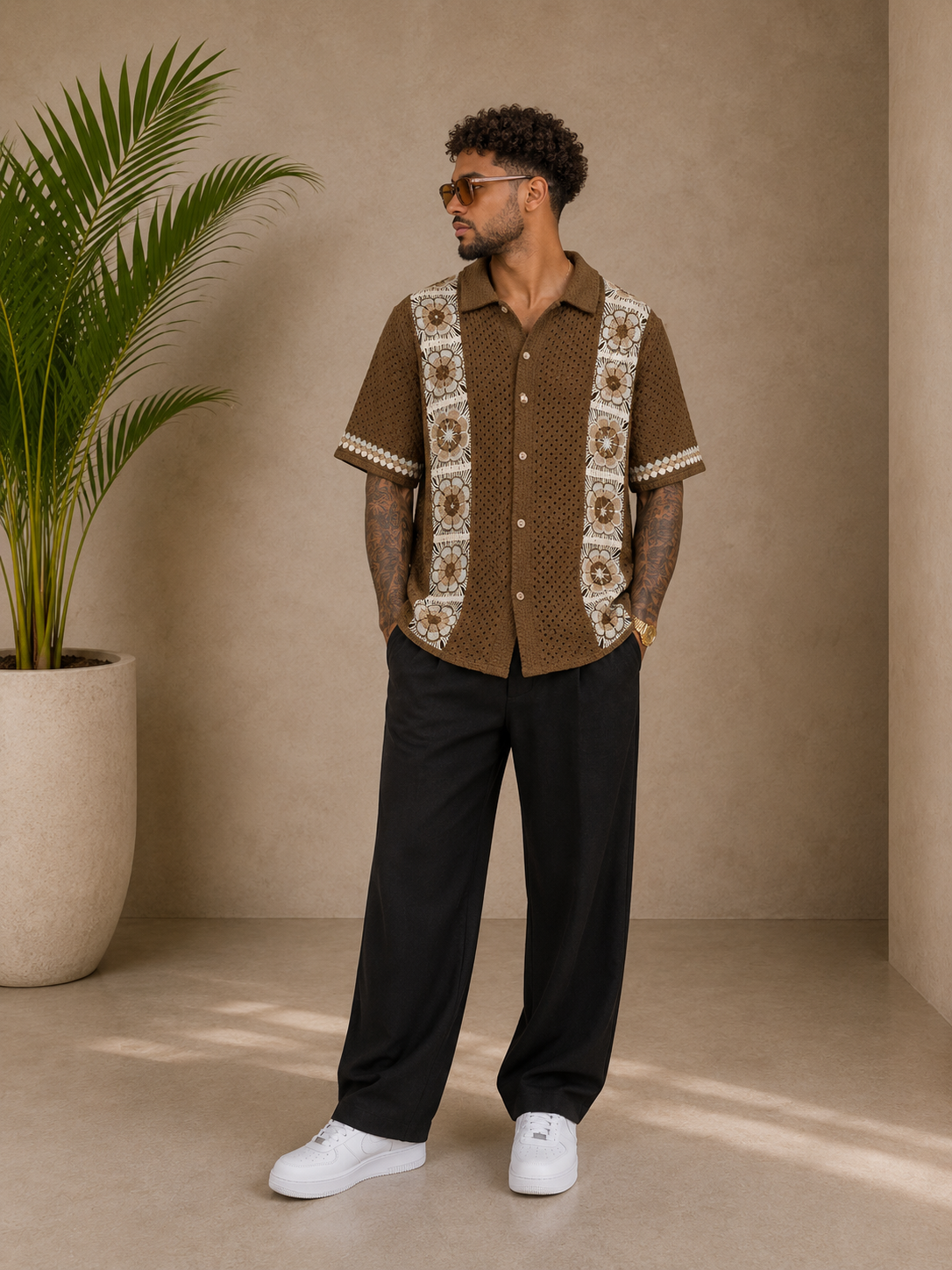 Chemise crochet marron motifs