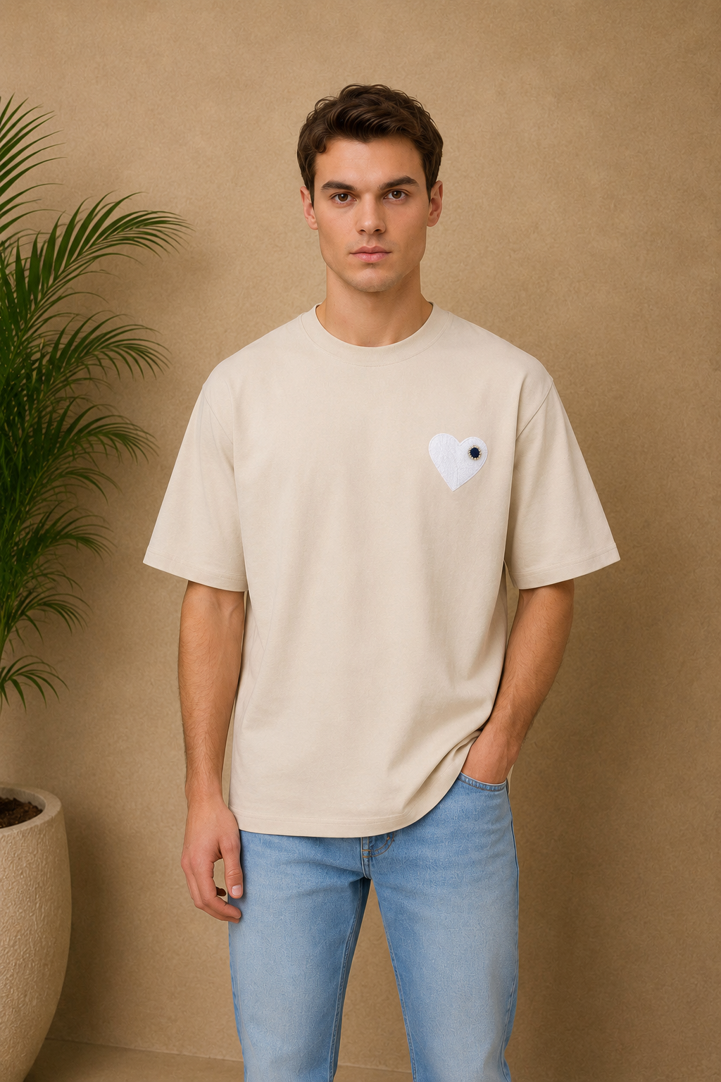 T-shirt beige cœur blanc