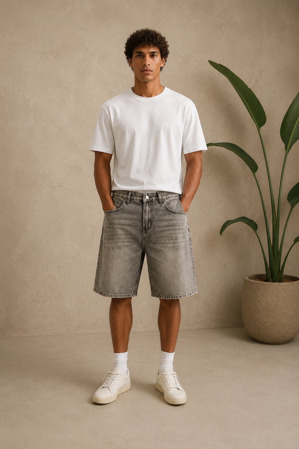 Short bermuda jean délavé gris beige