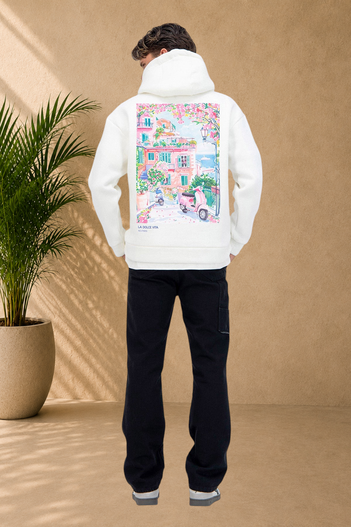 Stayin white quilted hoodie featuring a colorful La Dolce Vita Italian street scene graphic on the back