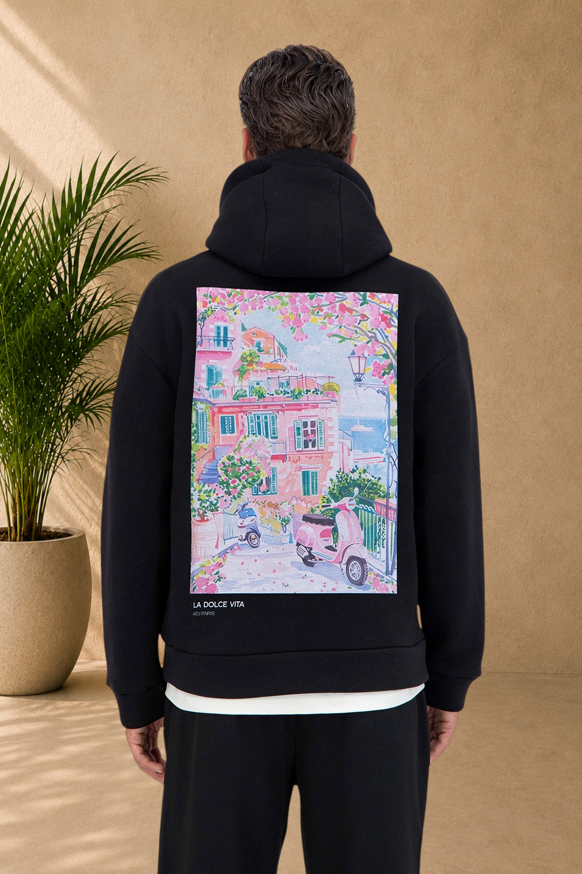 Stayin black hooded sweatshirt with a colourful La Dolce Vita Italian street scene print on the back