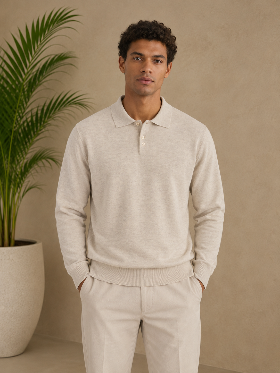 Pull polo manche longue beige