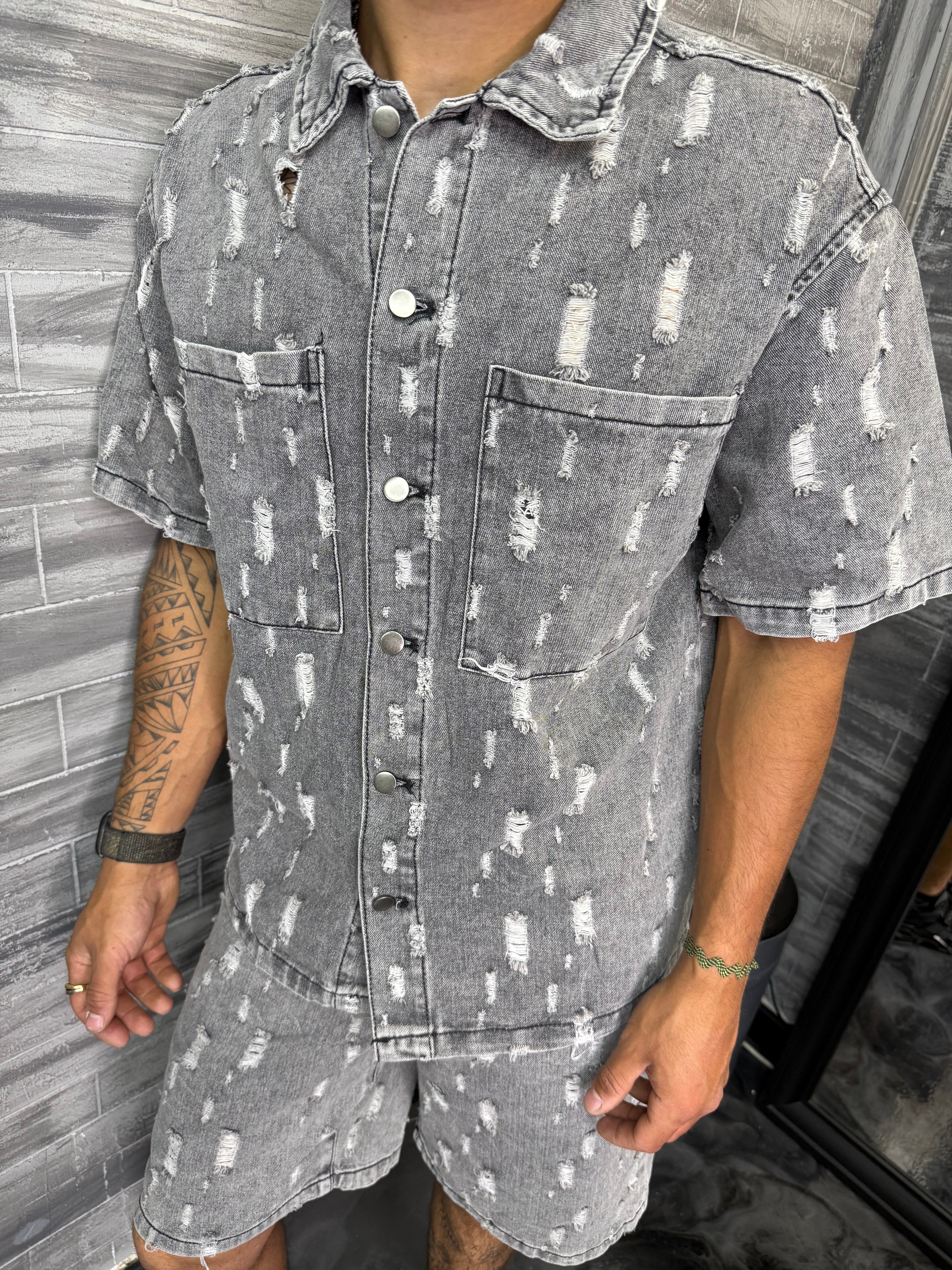 Ensemble Jean short + chemise gris destroy