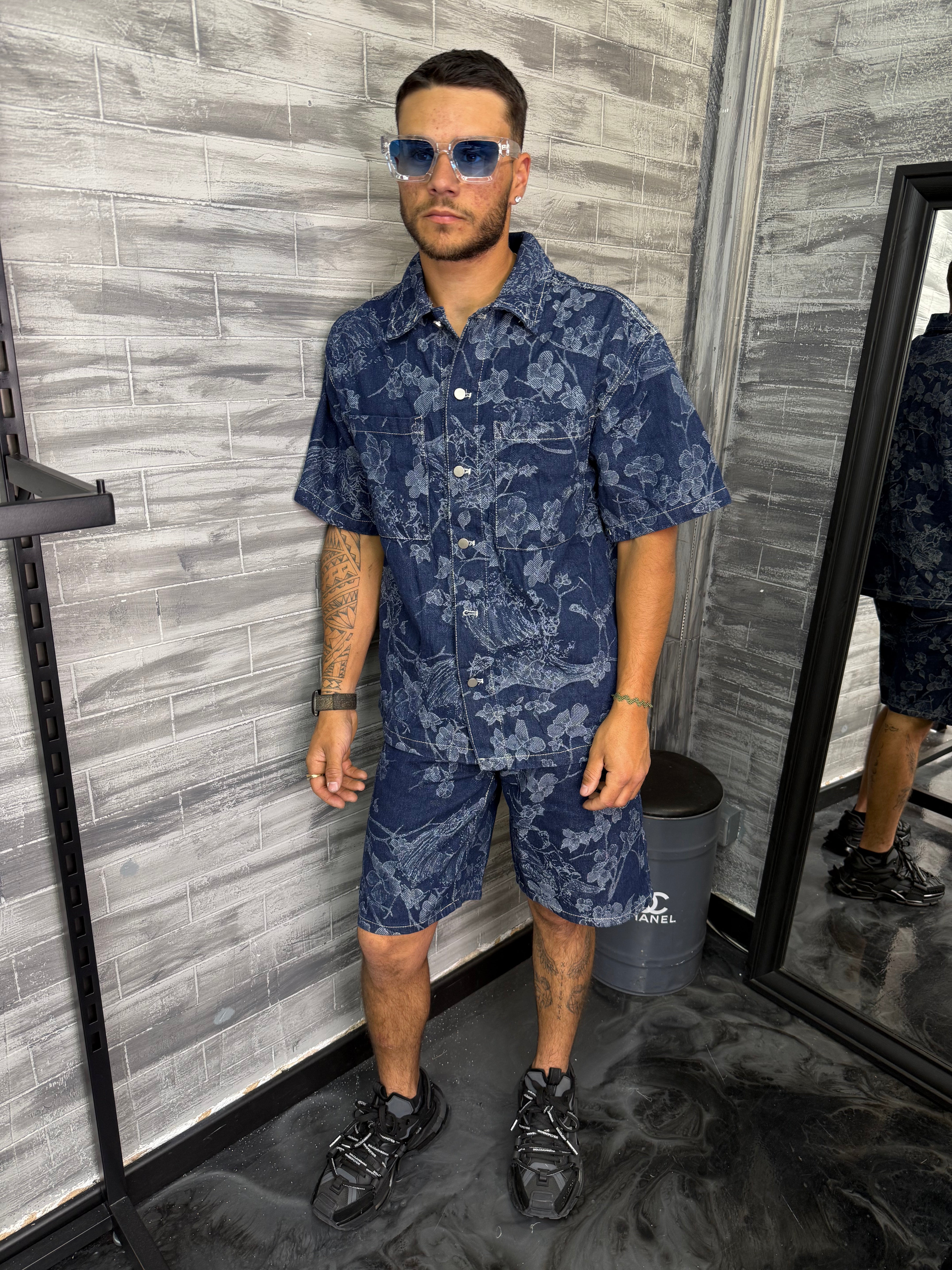 Ensemble Jean short + chemise bleu flower