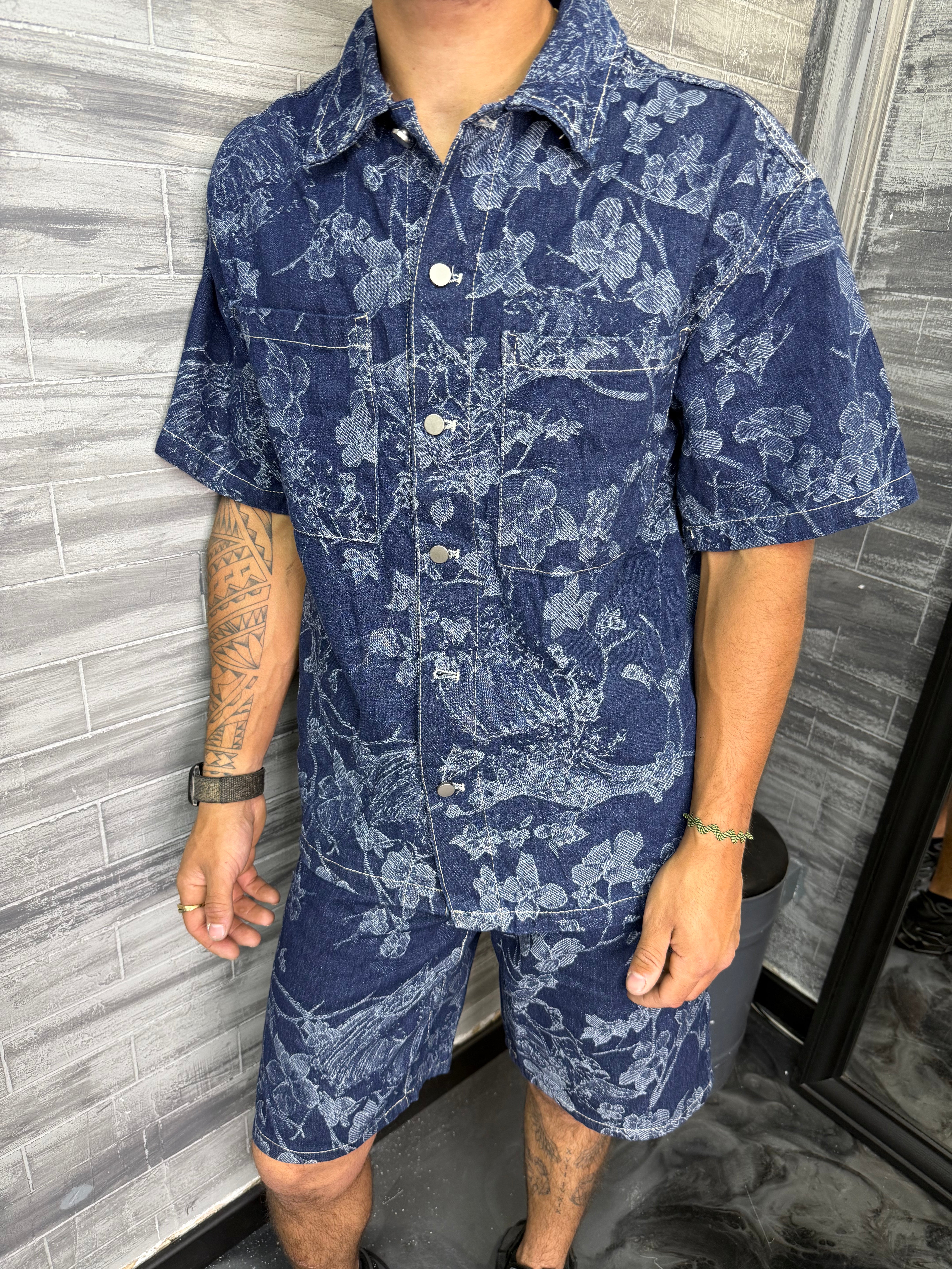 Ensemble Jean short + chemise bleu flower