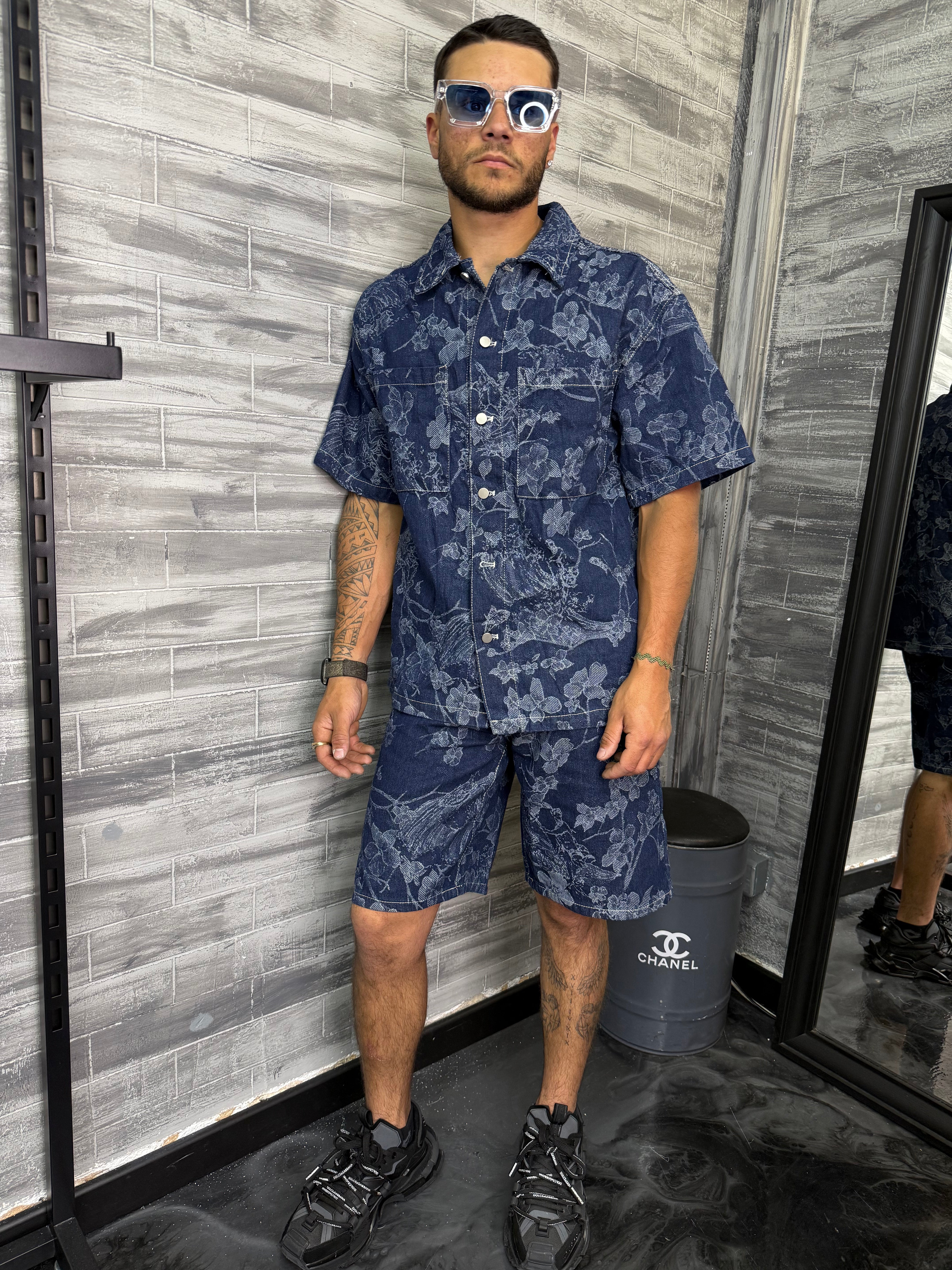 Ensemble Jean short + chemise bleu flower