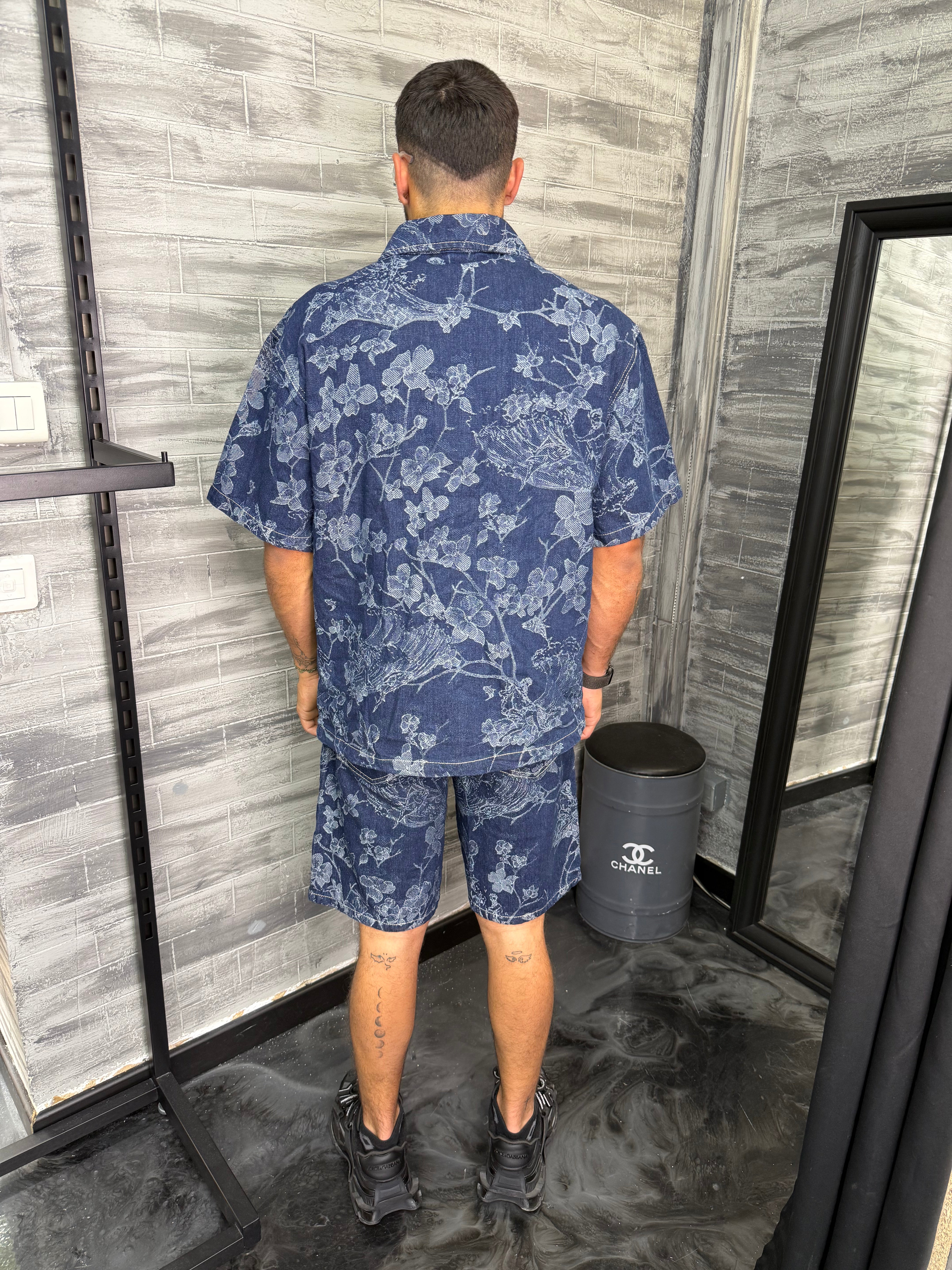 Ensemble Jean short + chemise bleu flower