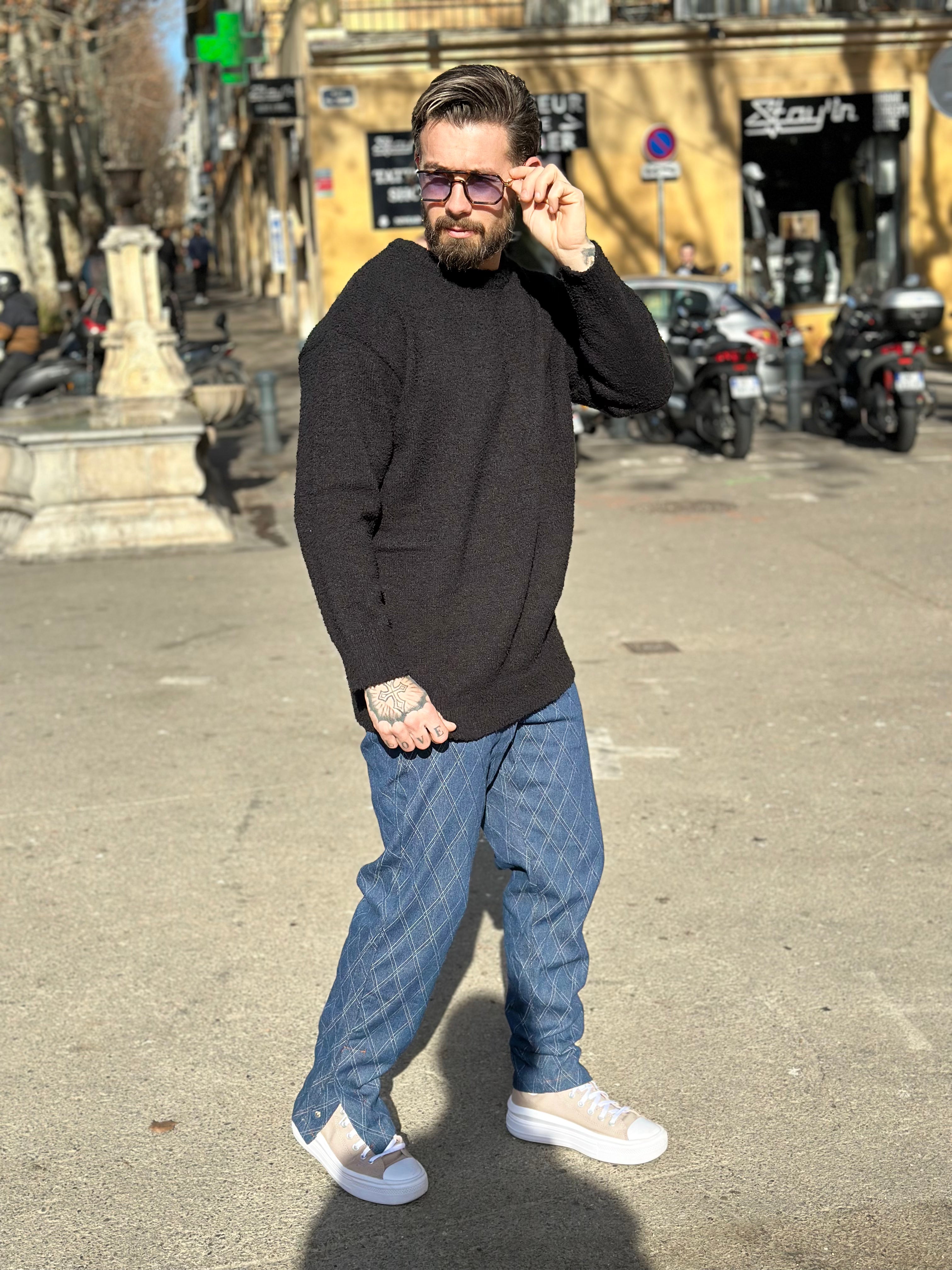 Frilivin - Jean ample bleu brut motifs