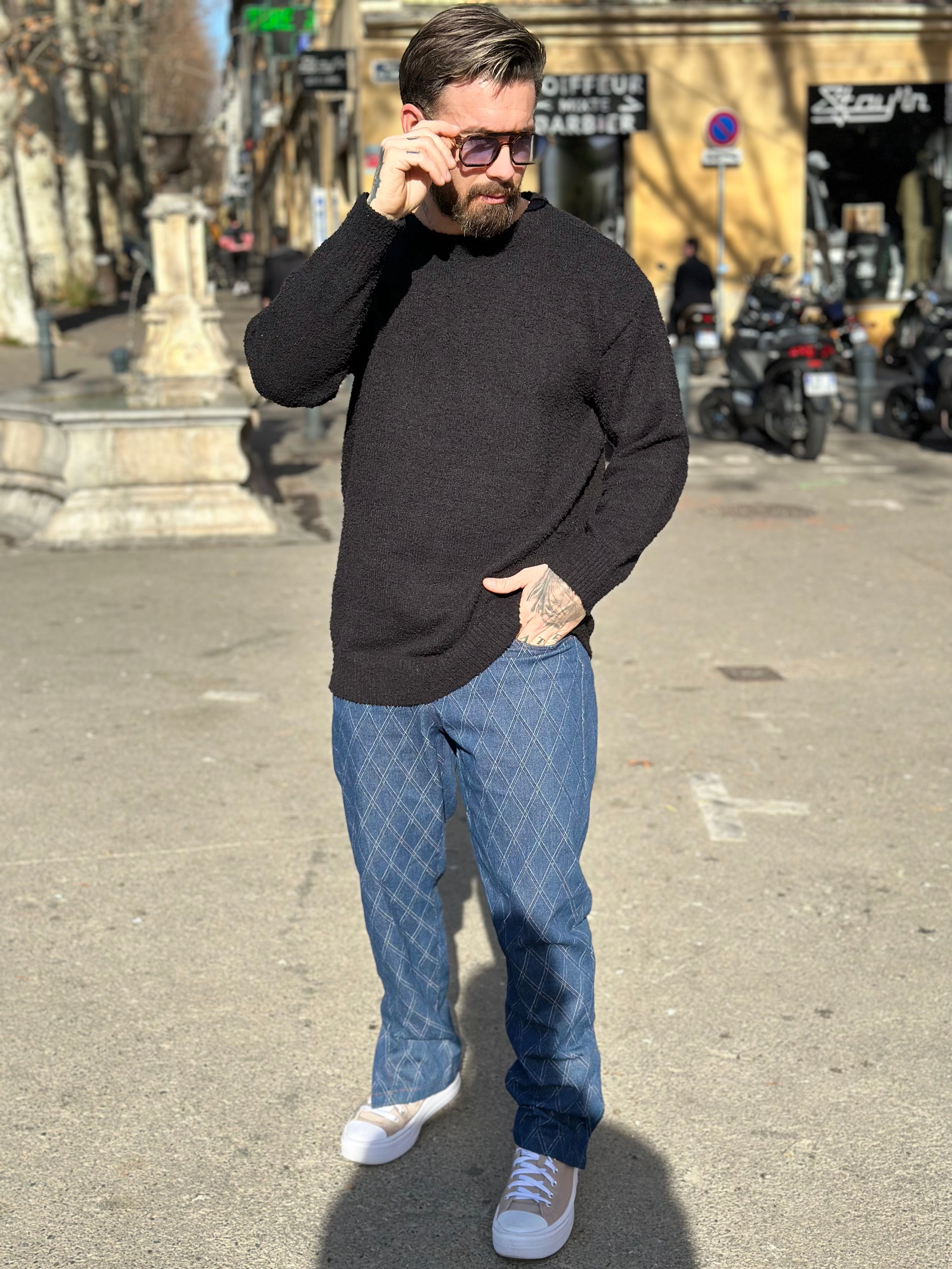 Frilivin - Jean ample bleu brut motifs