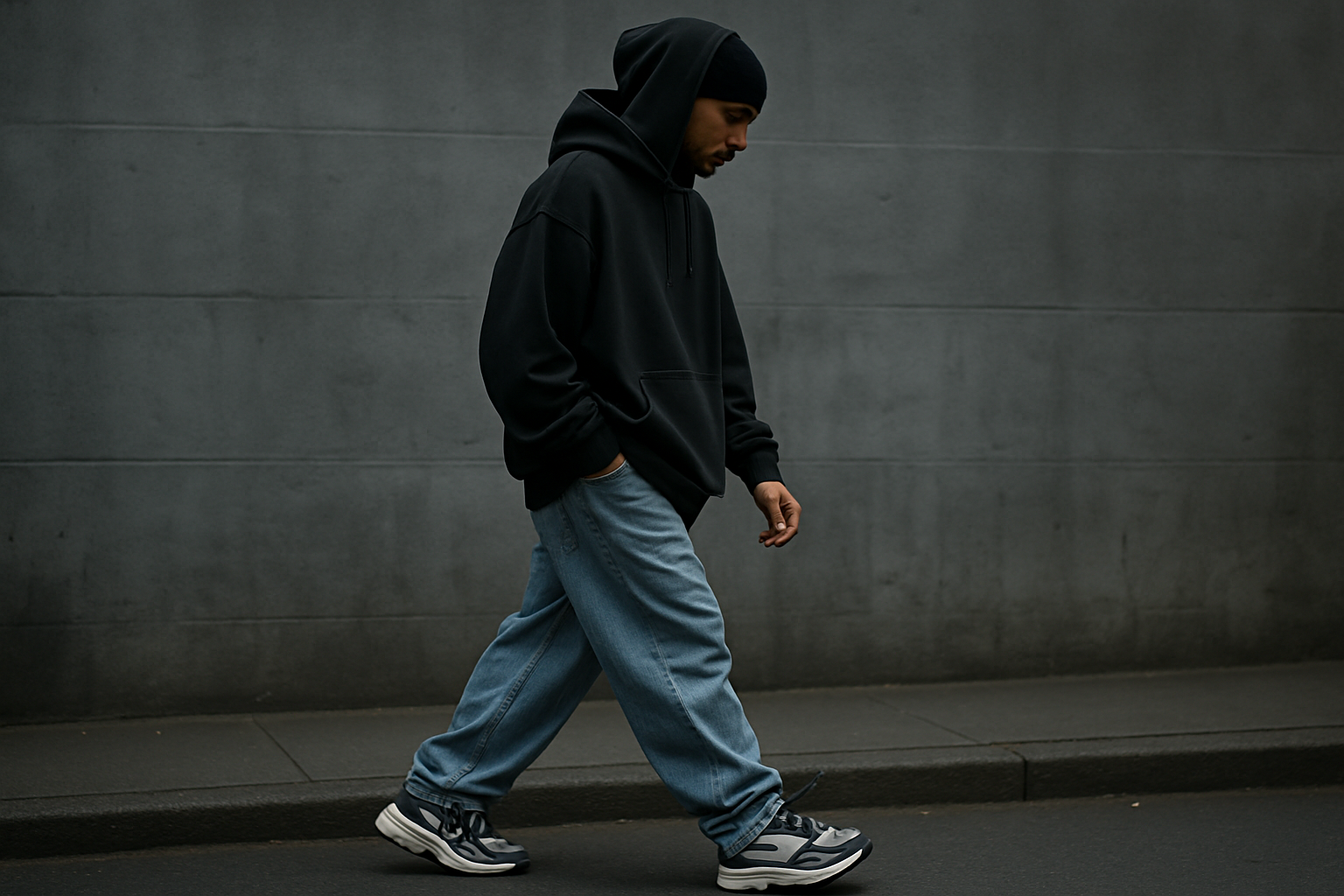 homme qui marche dans une rue avec un fond gris et une tenue streetwear
