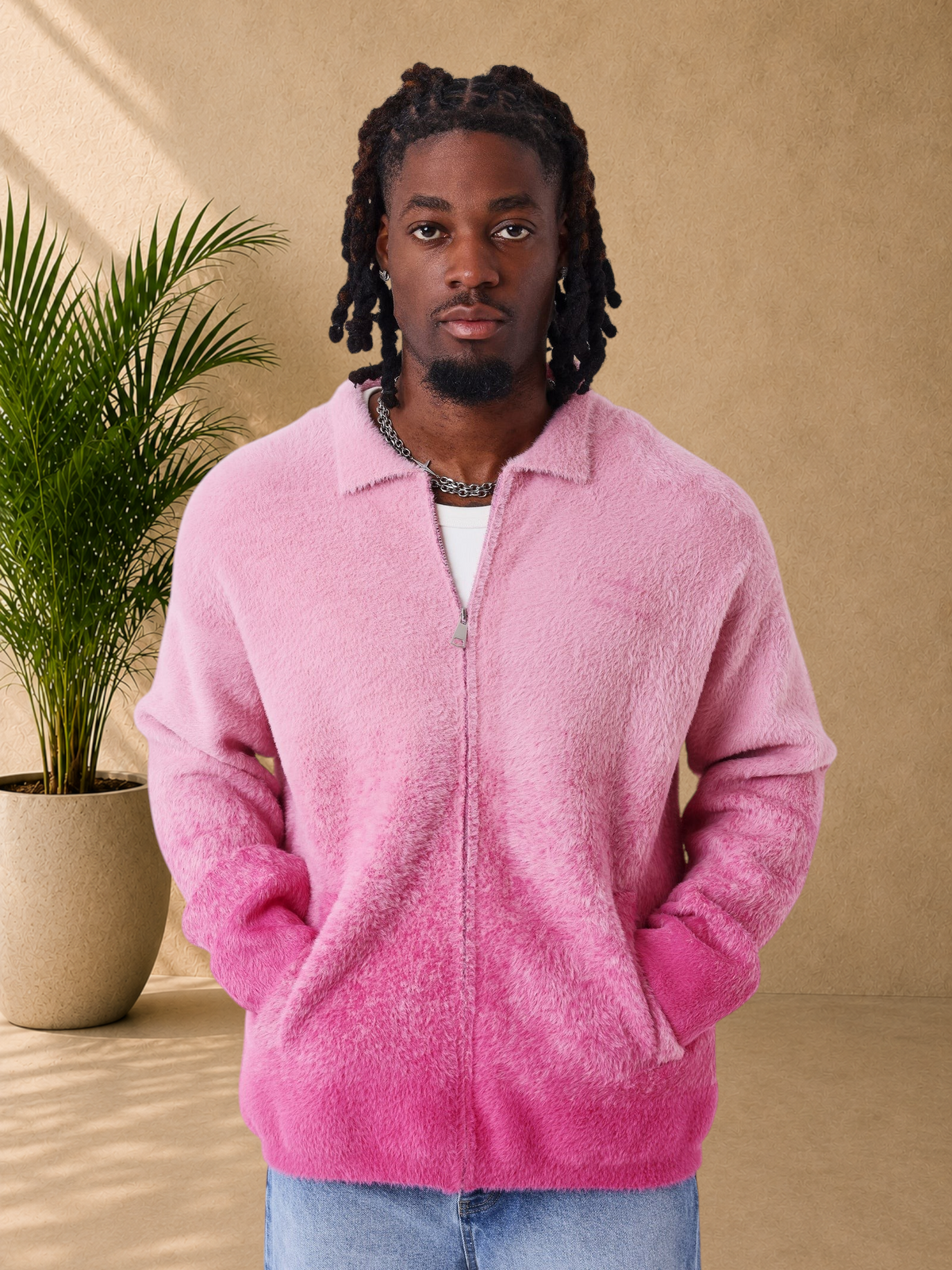 Stayin PXP pink fluffy zip-up vest with an oversized fit, shirt collar, and soft mohair-effect nylon texture.
