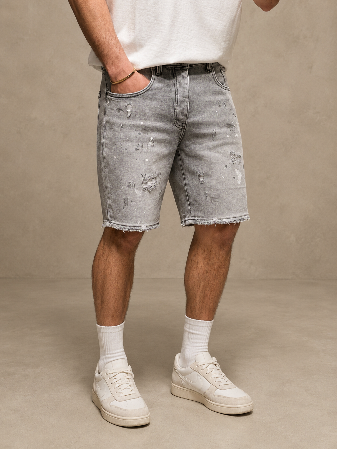 Short en Jean destroy gris clair