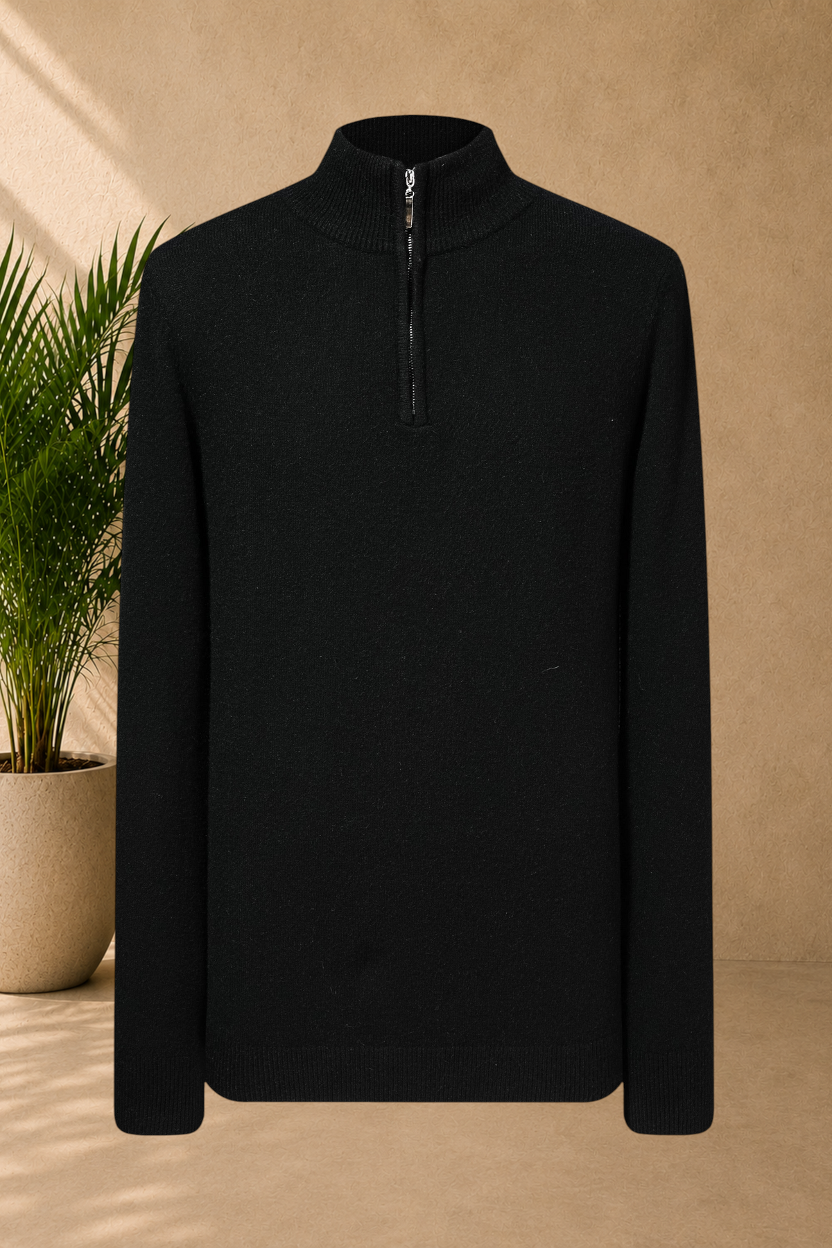 Stayin black knit sweater with a high zip-up collar, featuring a soft texture and a modern straight fit.