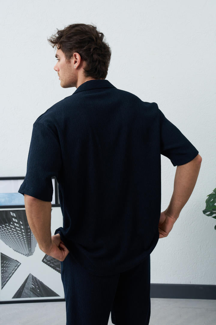 Chemise manche courte texturé bleu marine