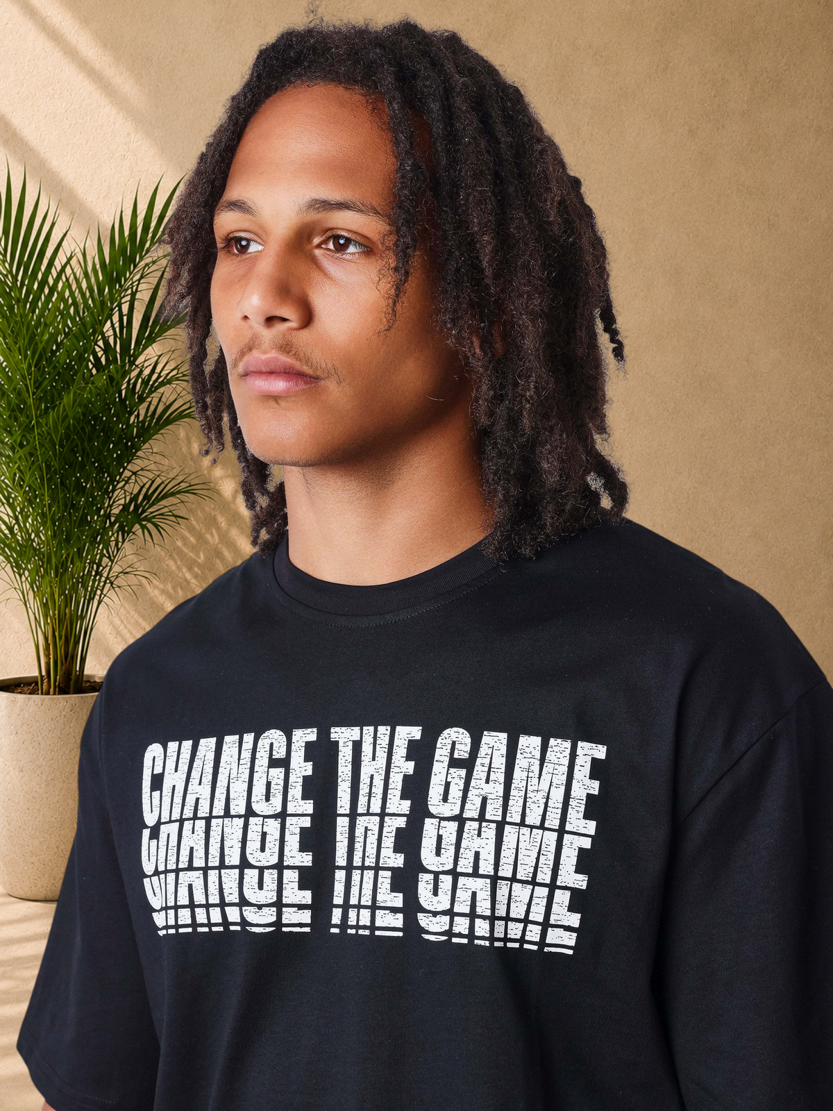 Stayin black cotton regular fit t-shirt with white distressed Change The Game typography print on the chest