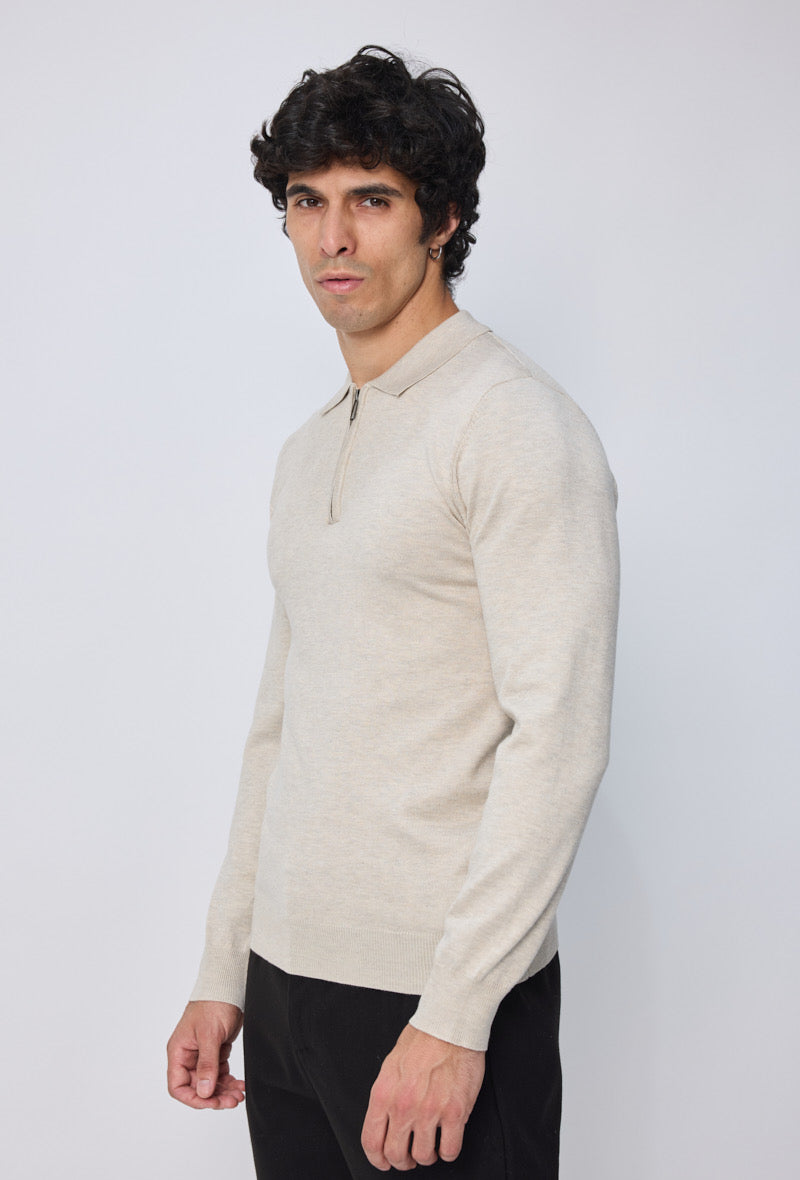 Polo zip manche longue beige