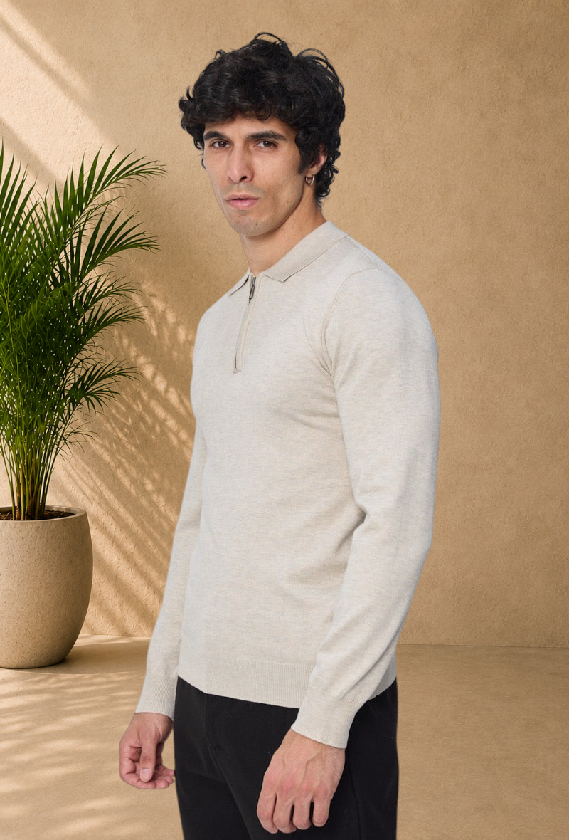 Stayin beige long sleeve polo sweater with a quarter zip collar worn by a male model