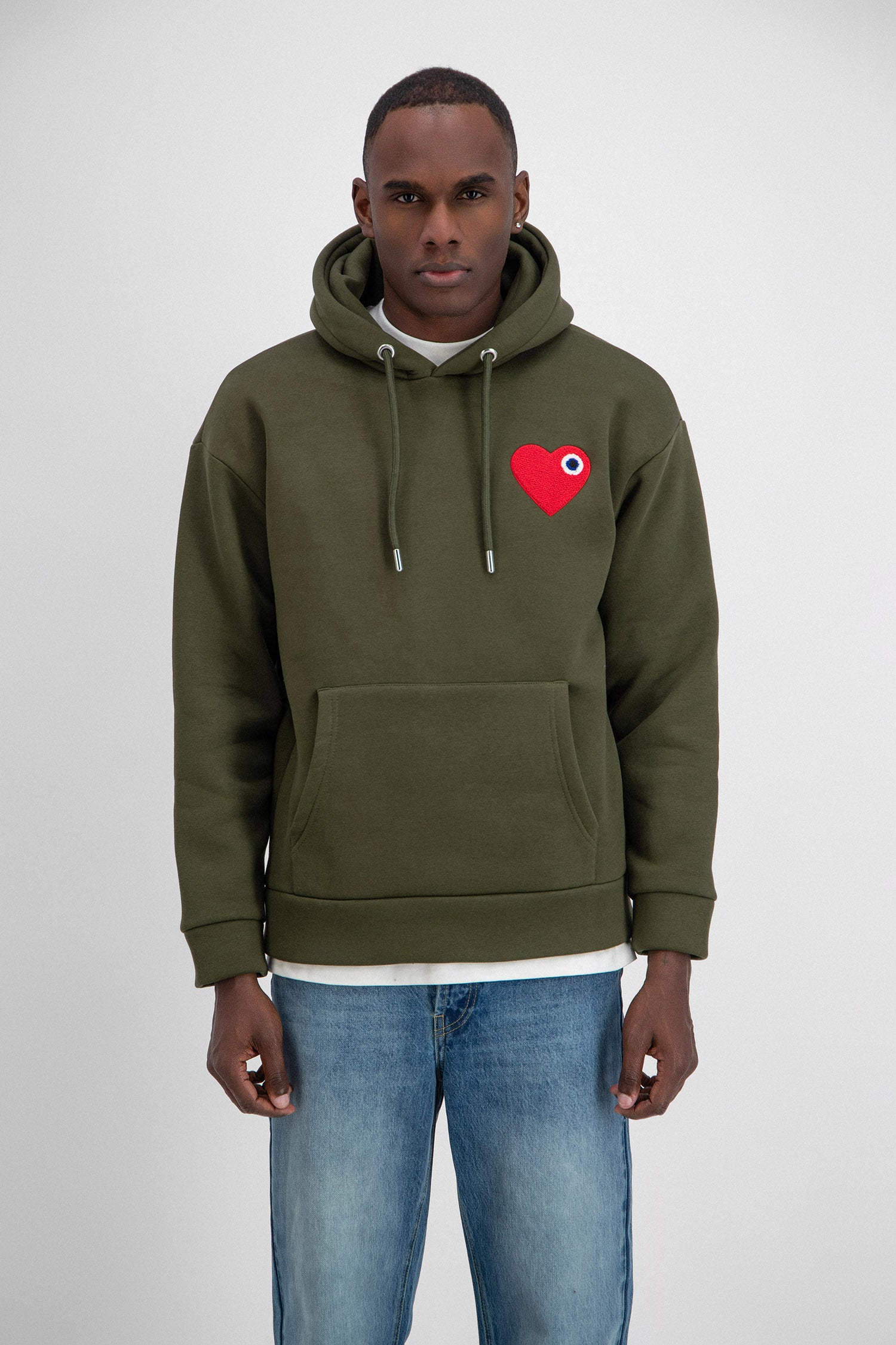 Sweat capuche kaki Cœur rouge