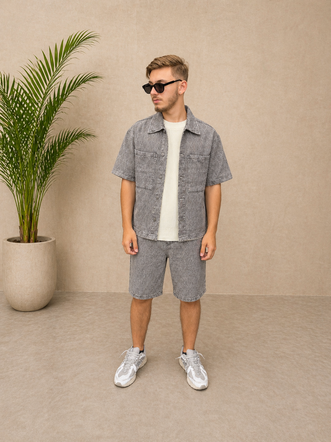 Ensemble short et chemise en jean gris losange
