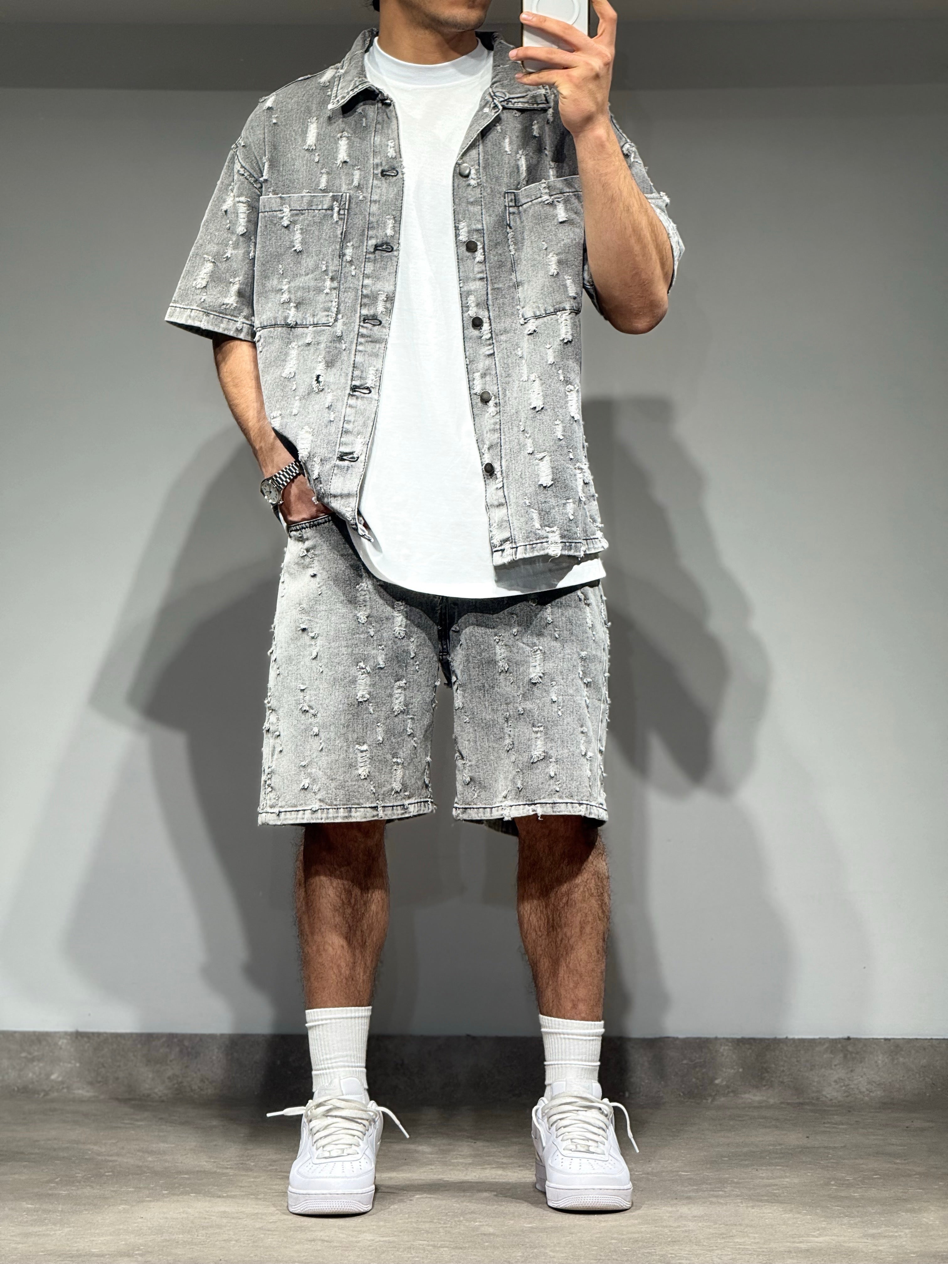 Ensemble Jean short + chemise gris destroy
