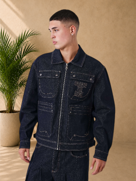 Stayin PXP dark blue textured denim jacket with oversized fit, contrast stitching, and chest pocket detail