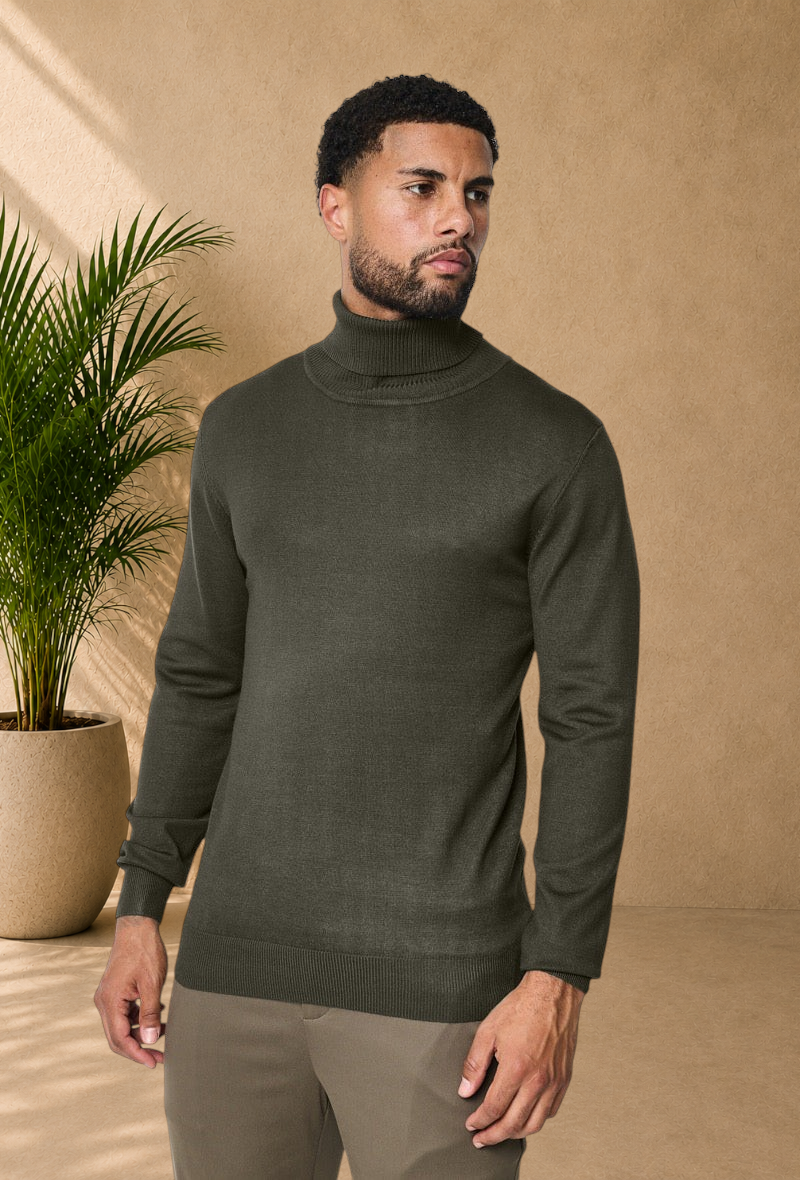 Stayin khaki slim-fit turtleneck sweater worn by a male model against a plain white background
