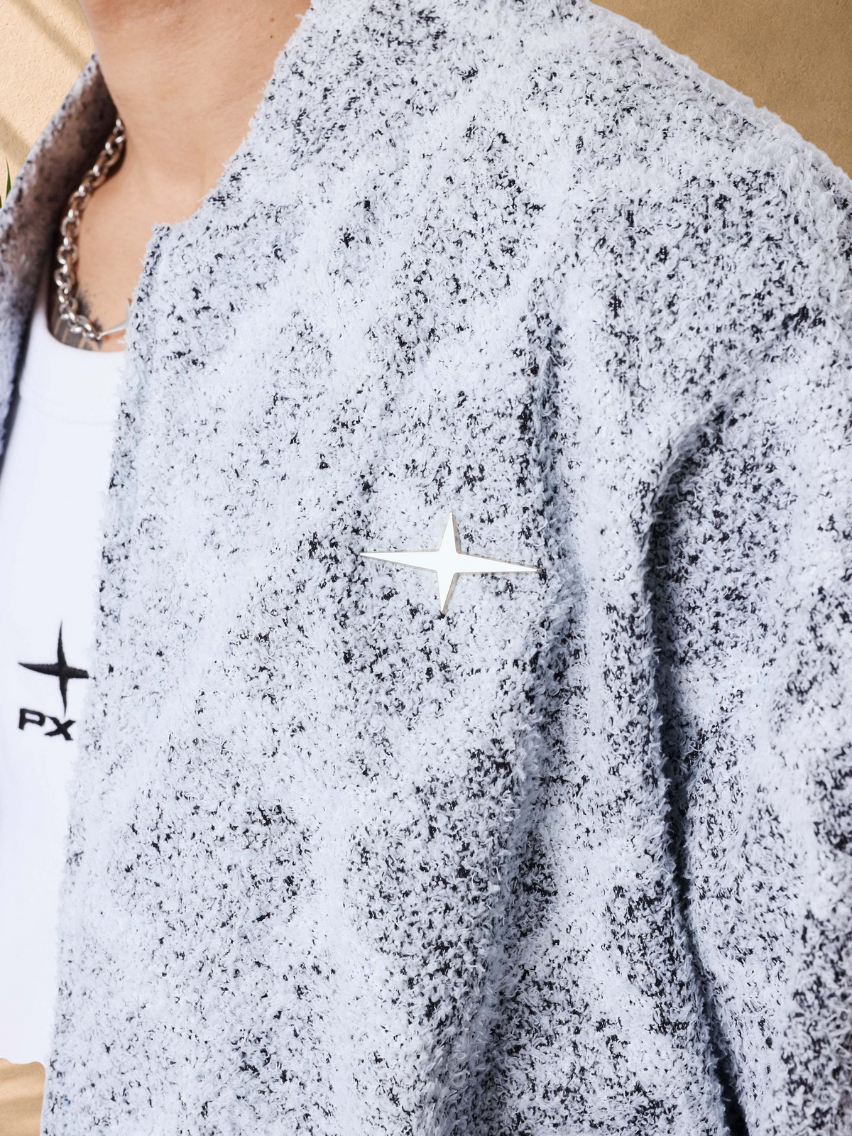 Stayin PXP grey mohair-effect zip-up jacket with a star logo emblem and textured check pattern
