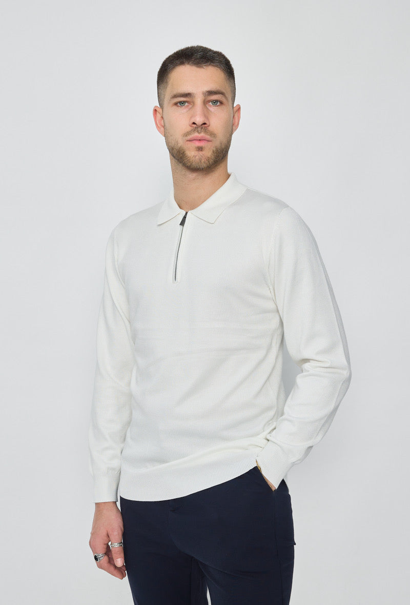 Polo zip manche longue blanc