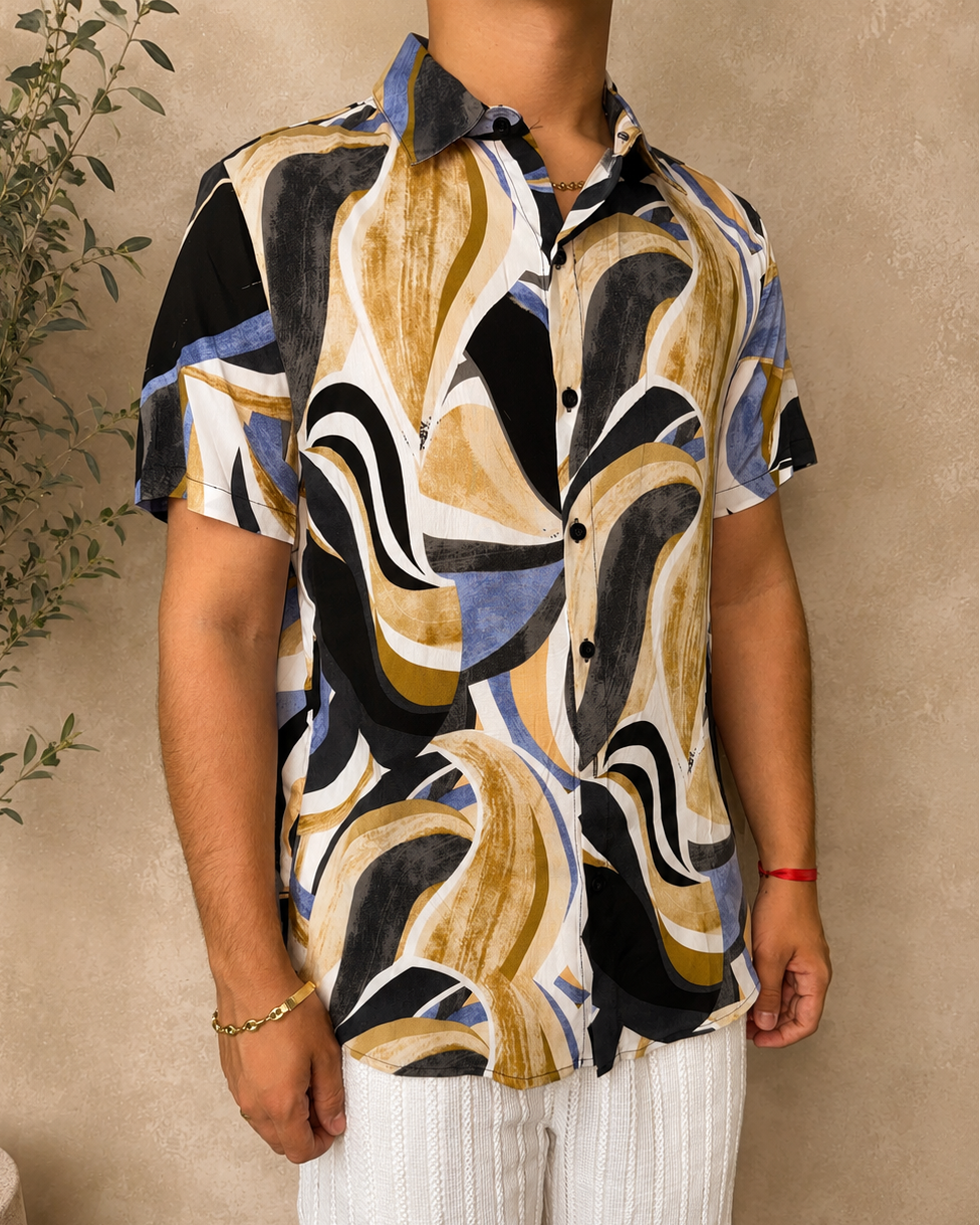 Chemise fluide motif bleu beige