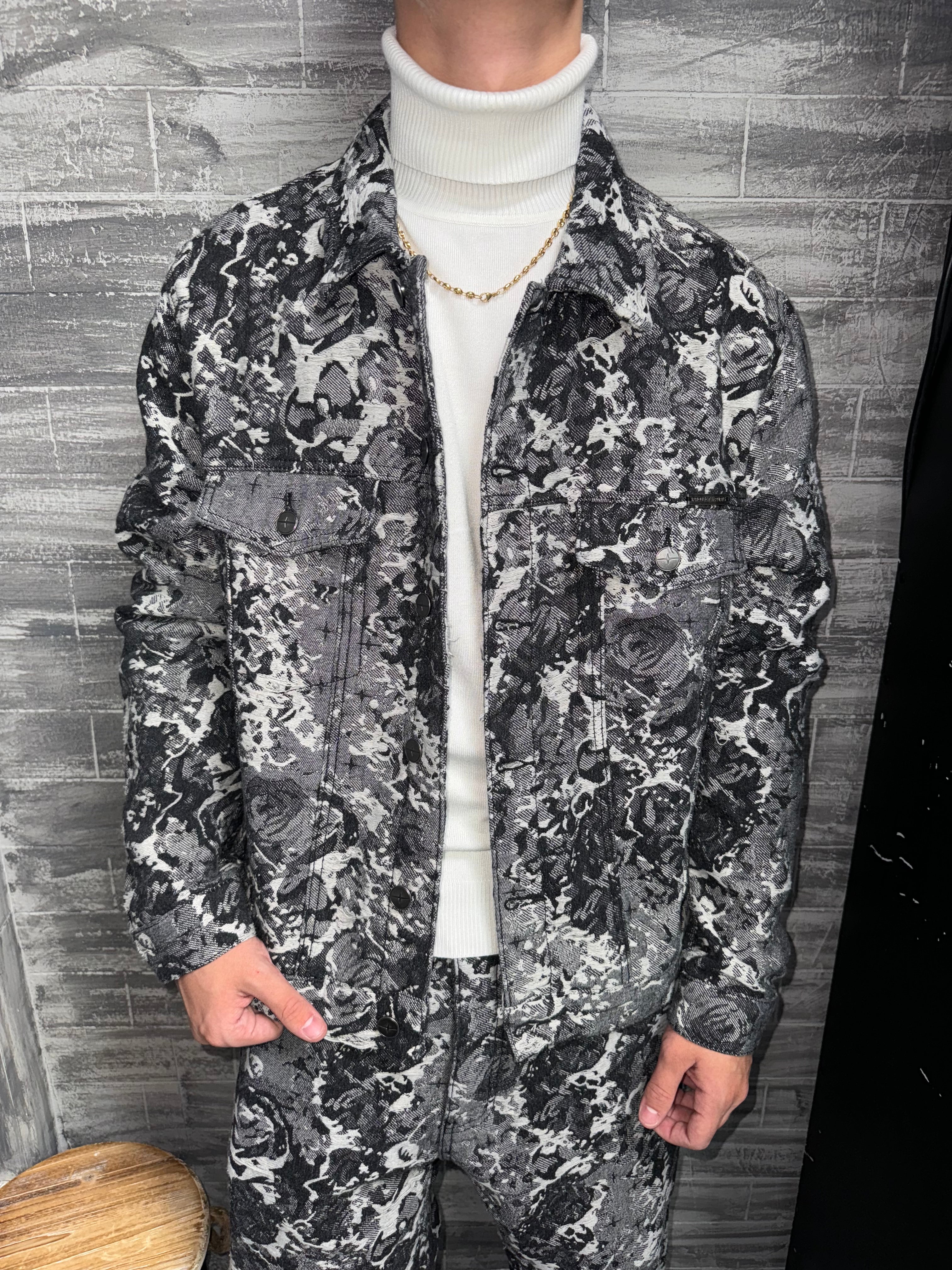 Veste Jean large noir motif abstrait