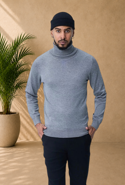 Stayin grey slim-fit turtleneck sweater worn by a male model with a black beanie