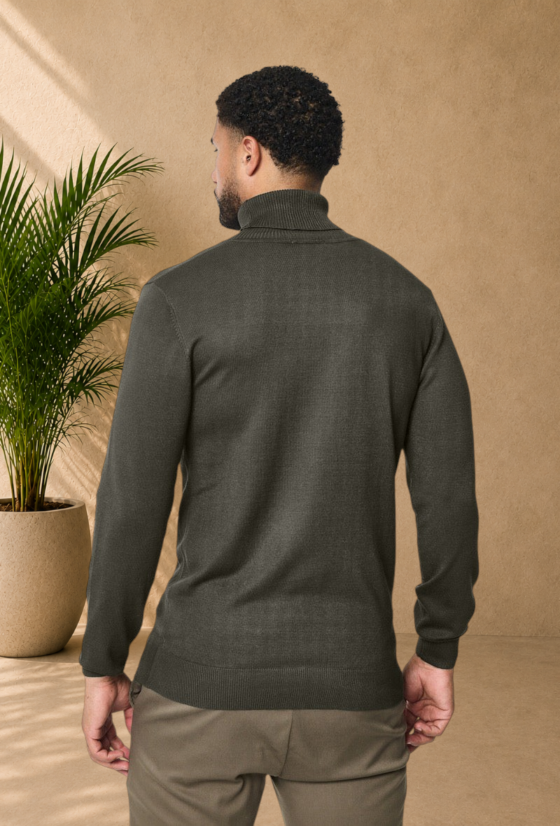 Stayin khaki fine knit turtleneck sweater worn by a man, back view, slim fit design.