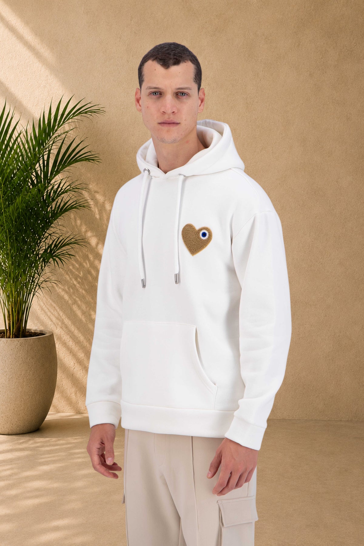 Sweat capuche Blanc Cœur beige