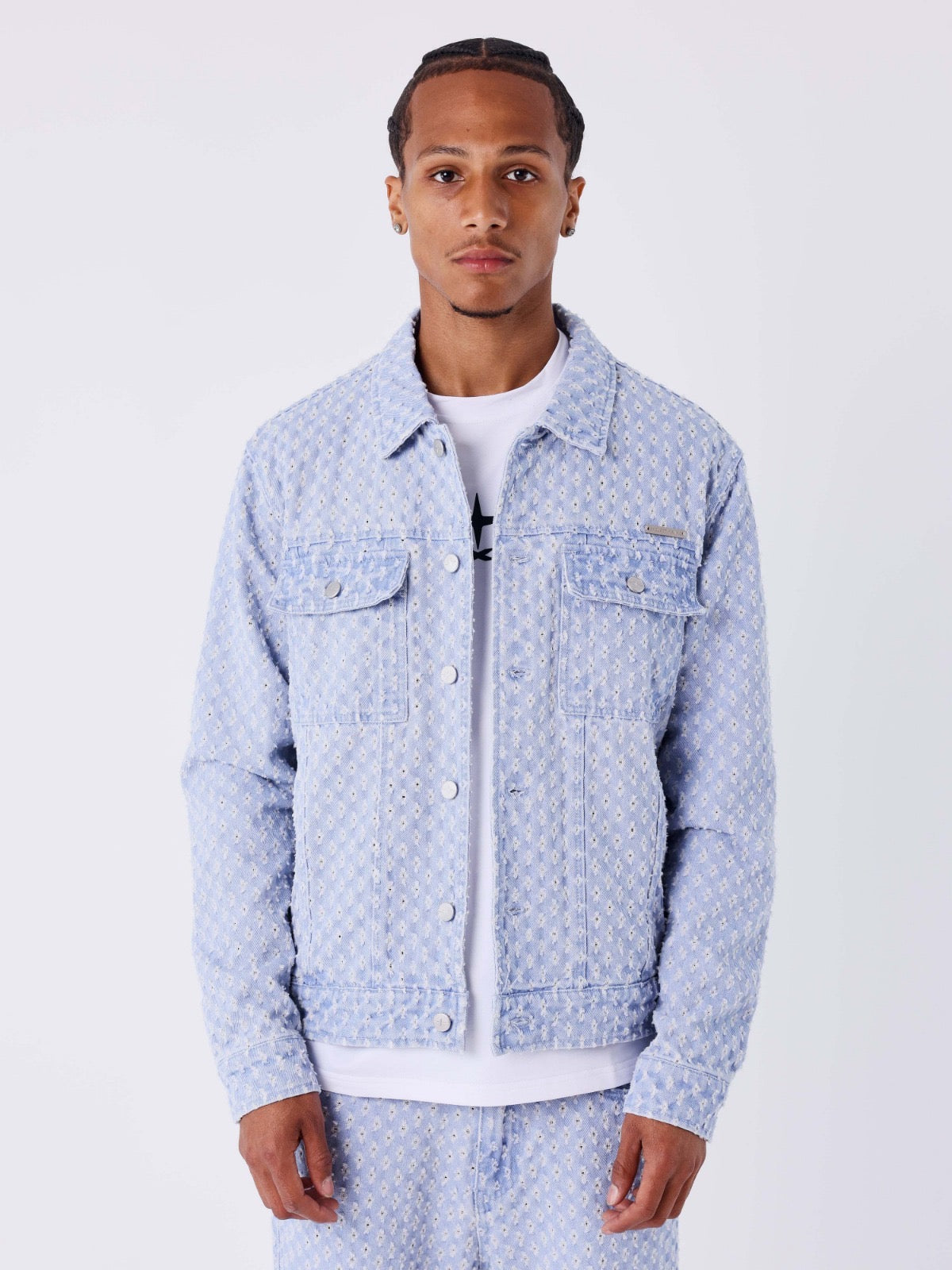 PXP - Veste en jean bleu ciel motifs