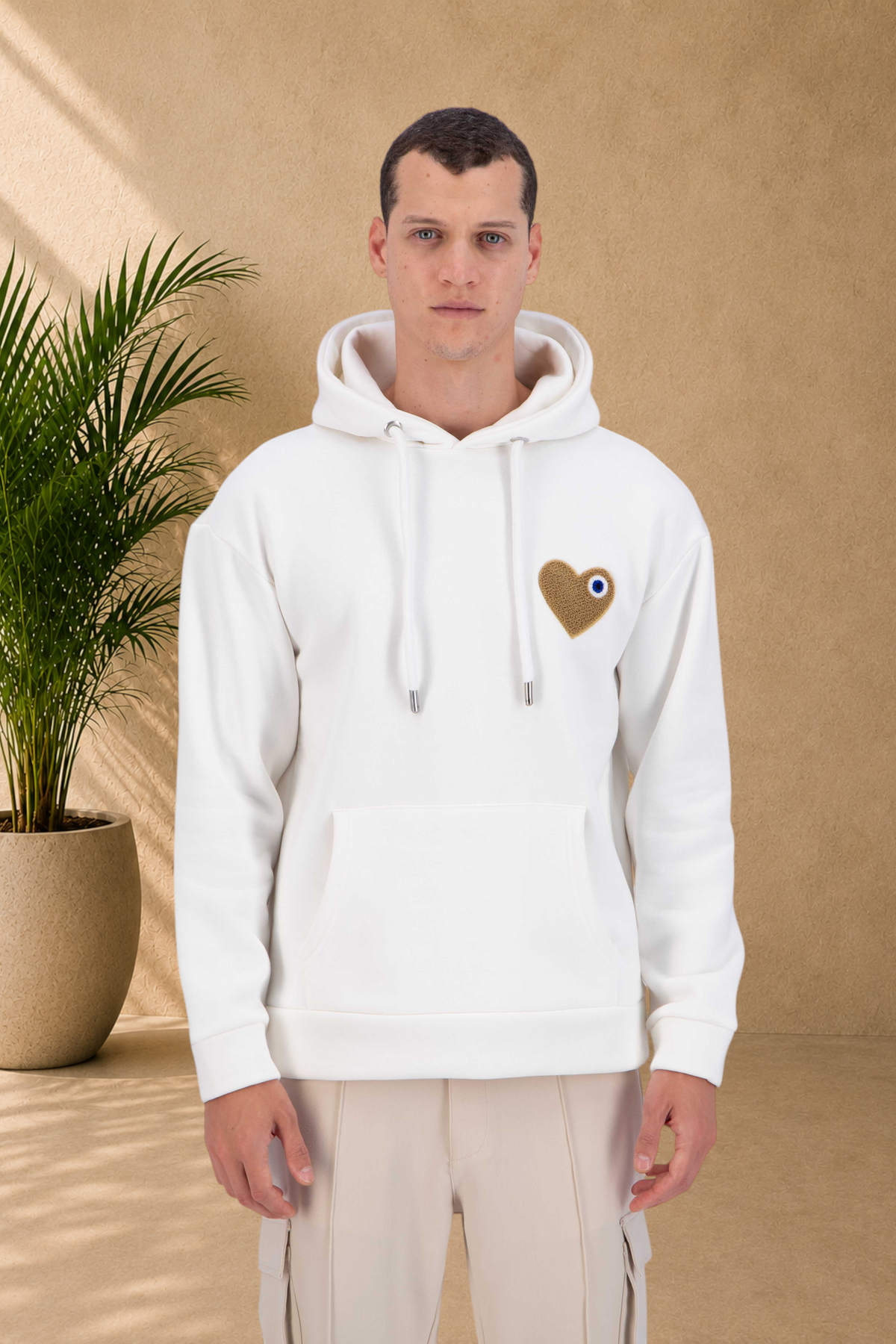 Sweat capuche Blanc Cœur beige