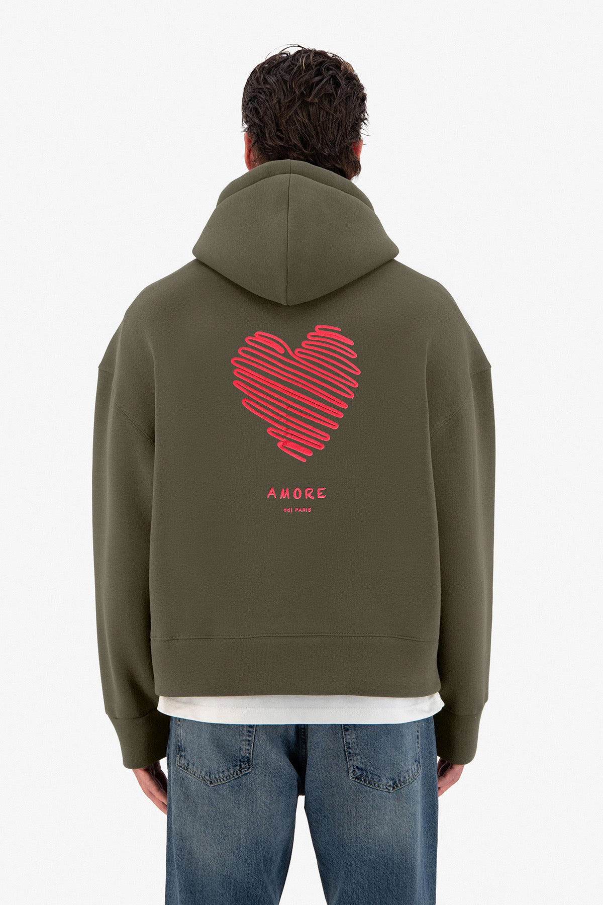 Sweat capuche kaki Amore Coeur rouge