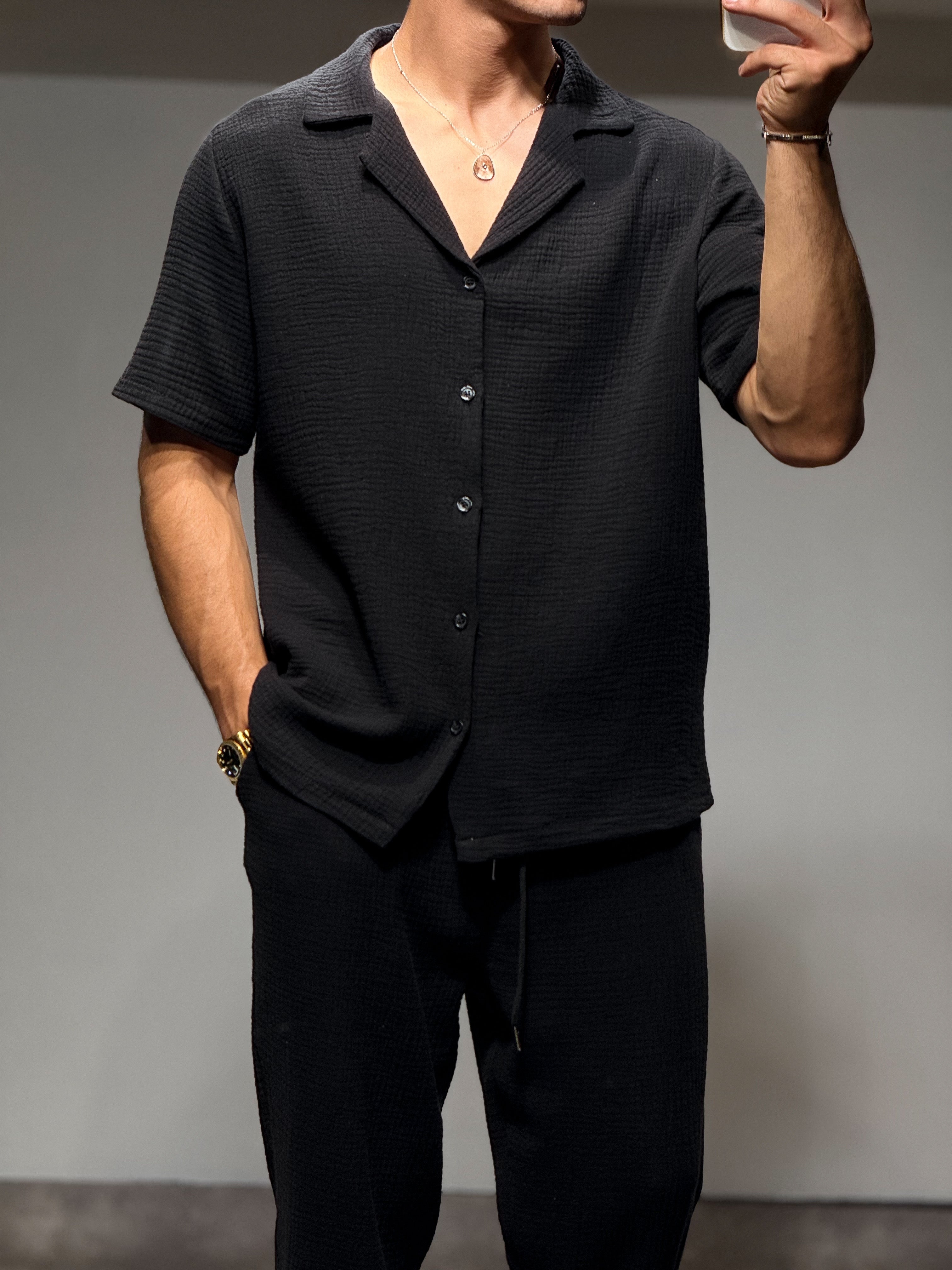 Ensemble pantalon + chemise gaz coton noir