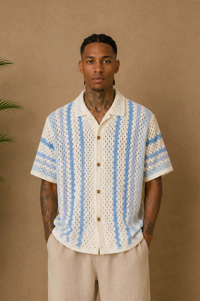 Chemise crochet blanche et bleu
