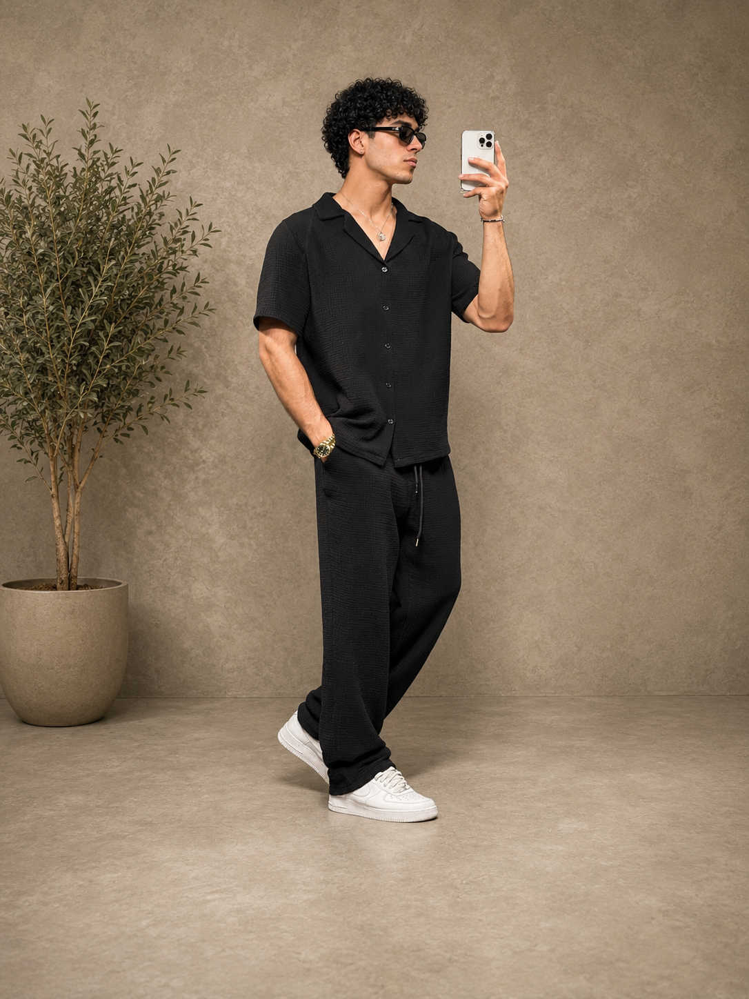 Ensemble pantalon + chemise gaz coton noir