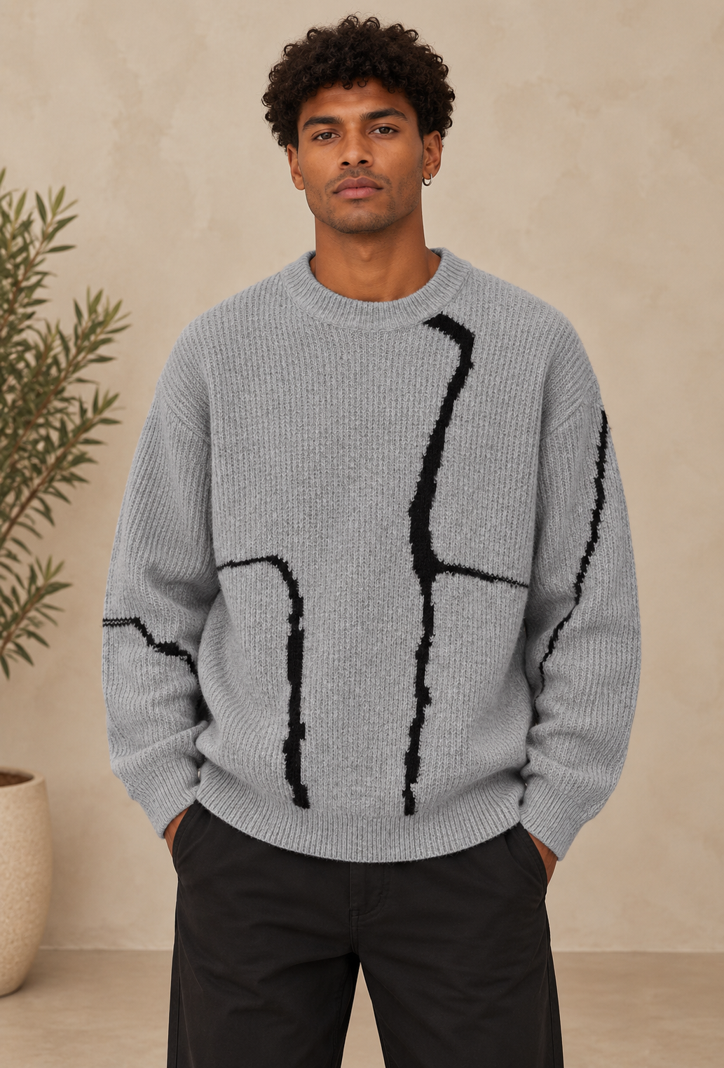 Pull maille gris motif noir