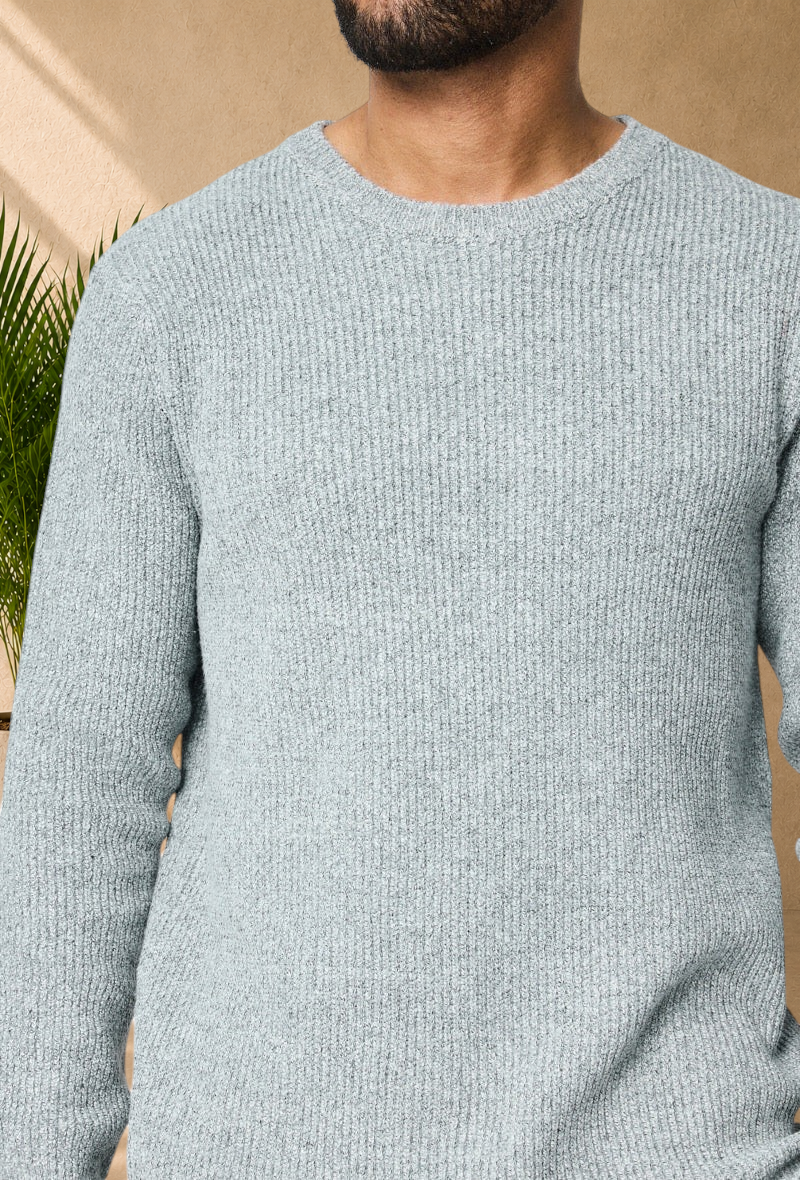 Stayin grey ribbed knit sweater with a classic crew neck, featuring a soft textured minimalist design.