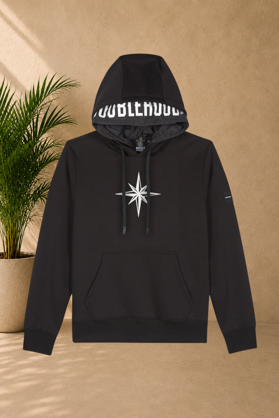 Stayin black Doublehood hoodie with a white star logo on the chest and branded inner hood lining