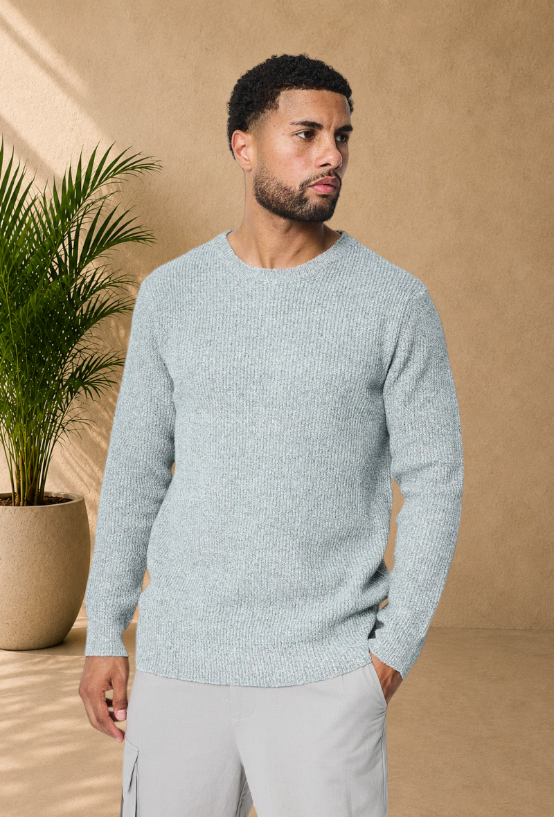 Stayin grey ribbed knit sweater with a round neck worn by a male model for a minimalist casual chic look