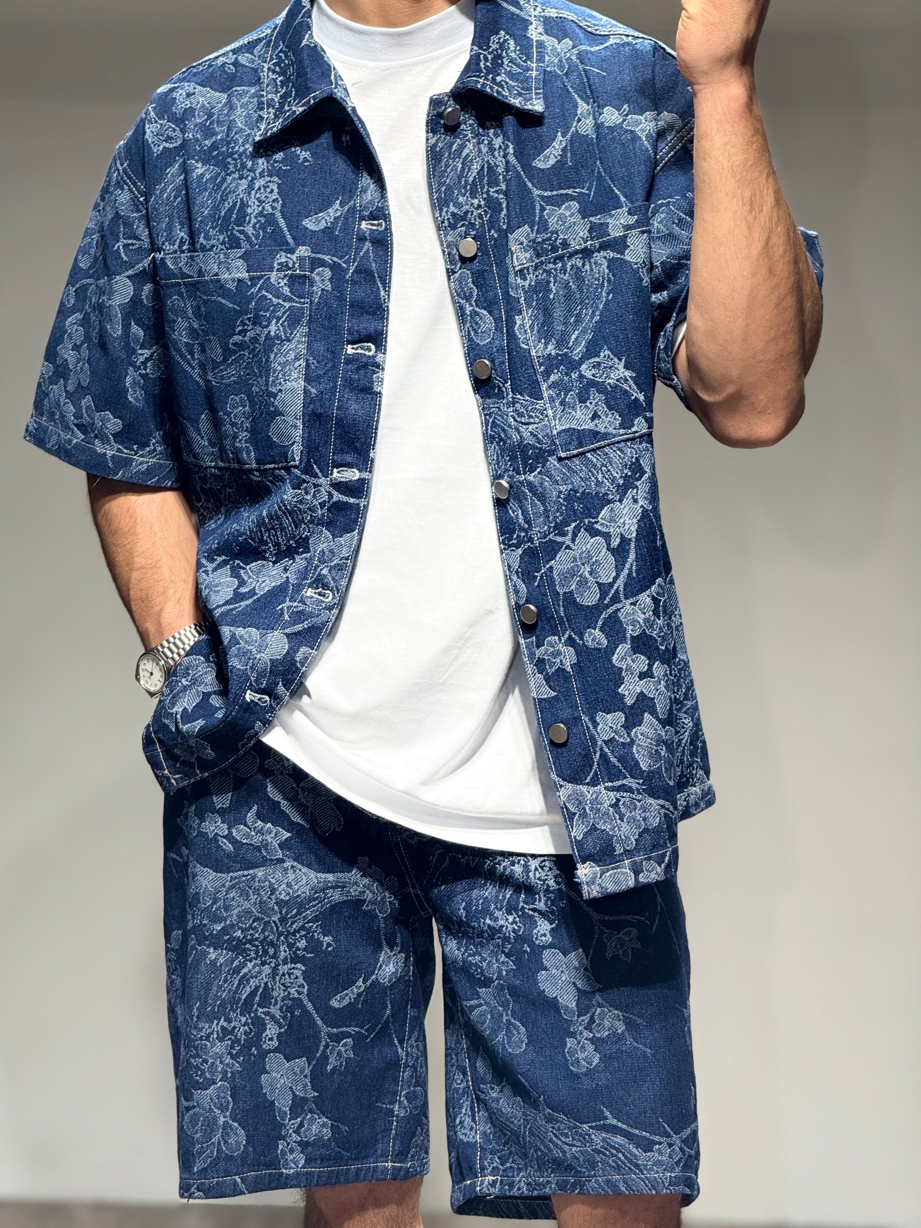 Ensemble Jean short + chemise bleu flower