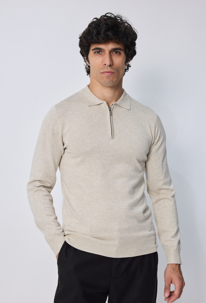 Polo zip manche longue beige