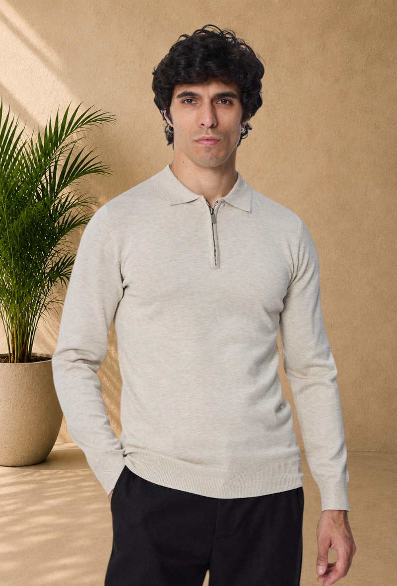 Stayin beige long sleeve polo sweater with a quarter zip collar worn by a male model