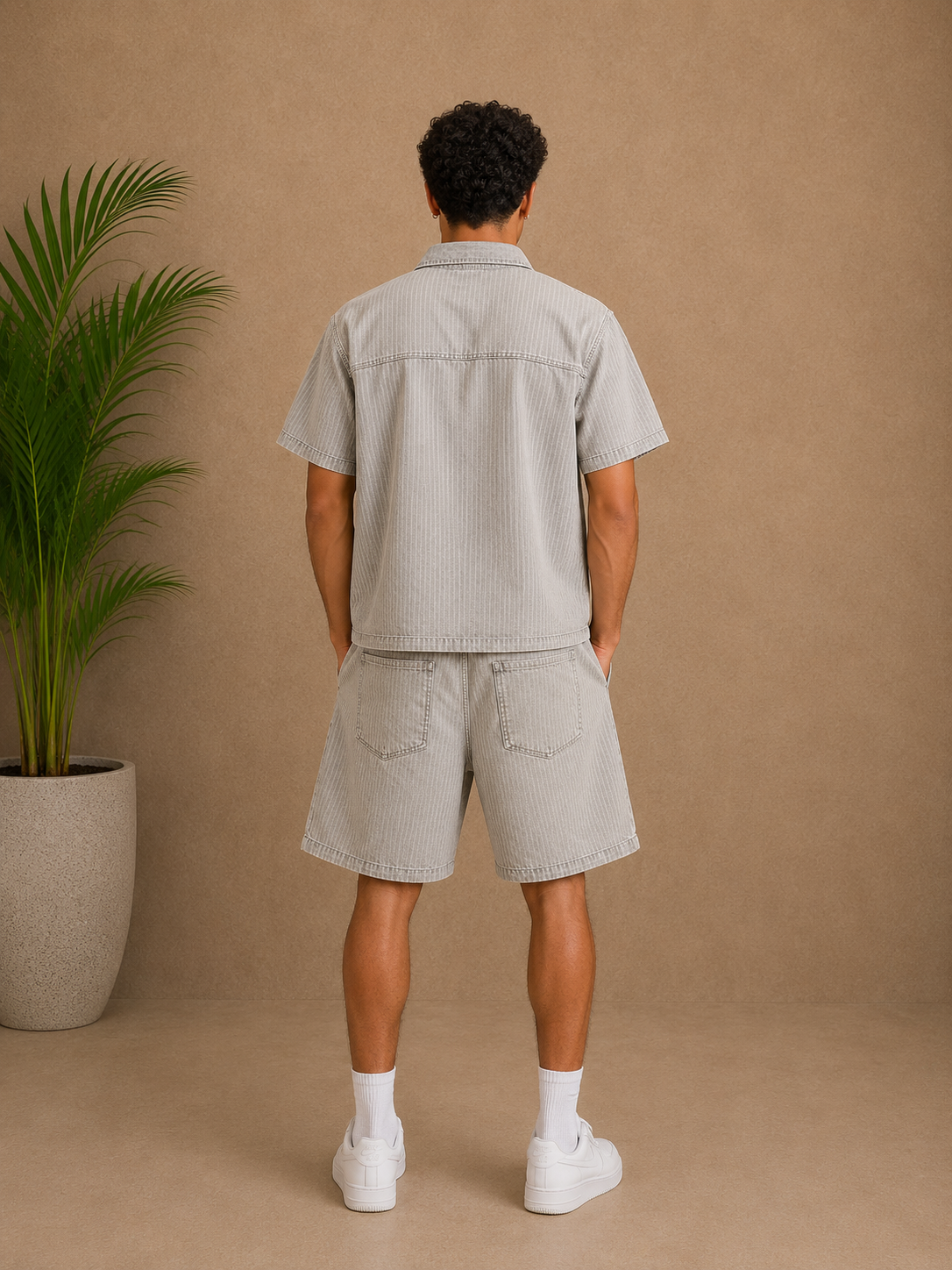 Ensemble short et chemise jean gris rayures