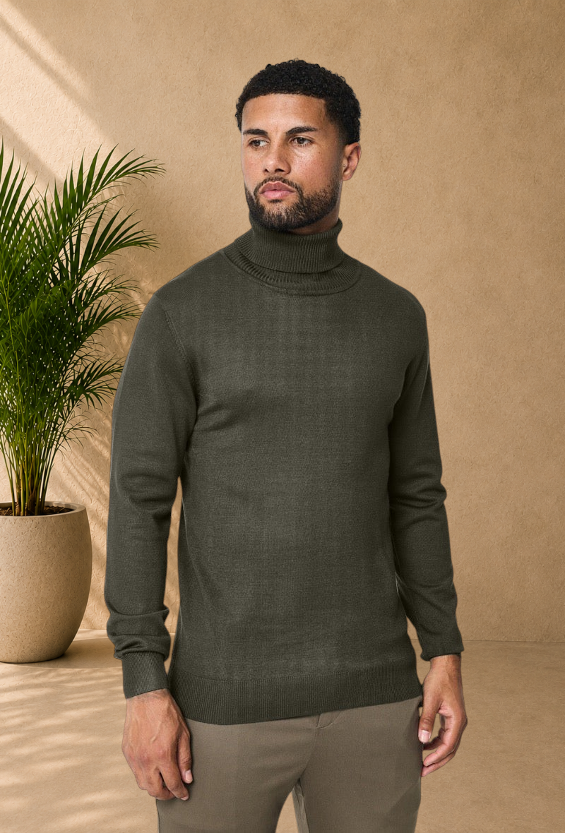 Stayin khaki slim-fit turtleneck sweater worn by a male model against a plain white background.