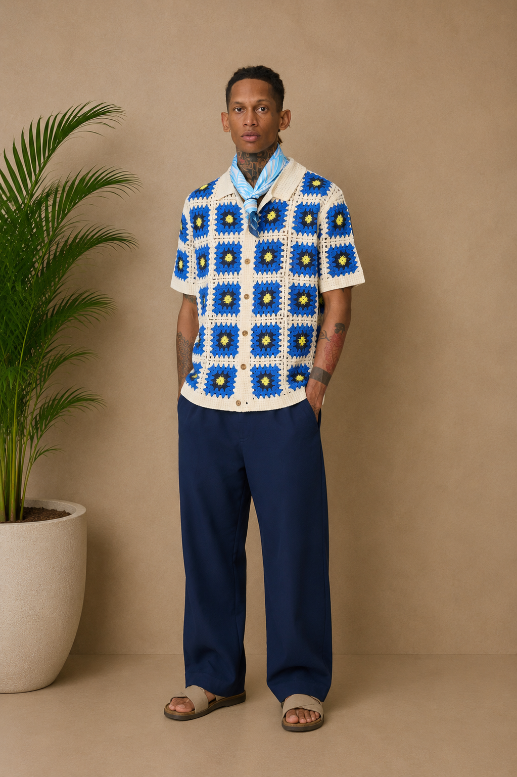 Chemise crochet bleu blanche jaune