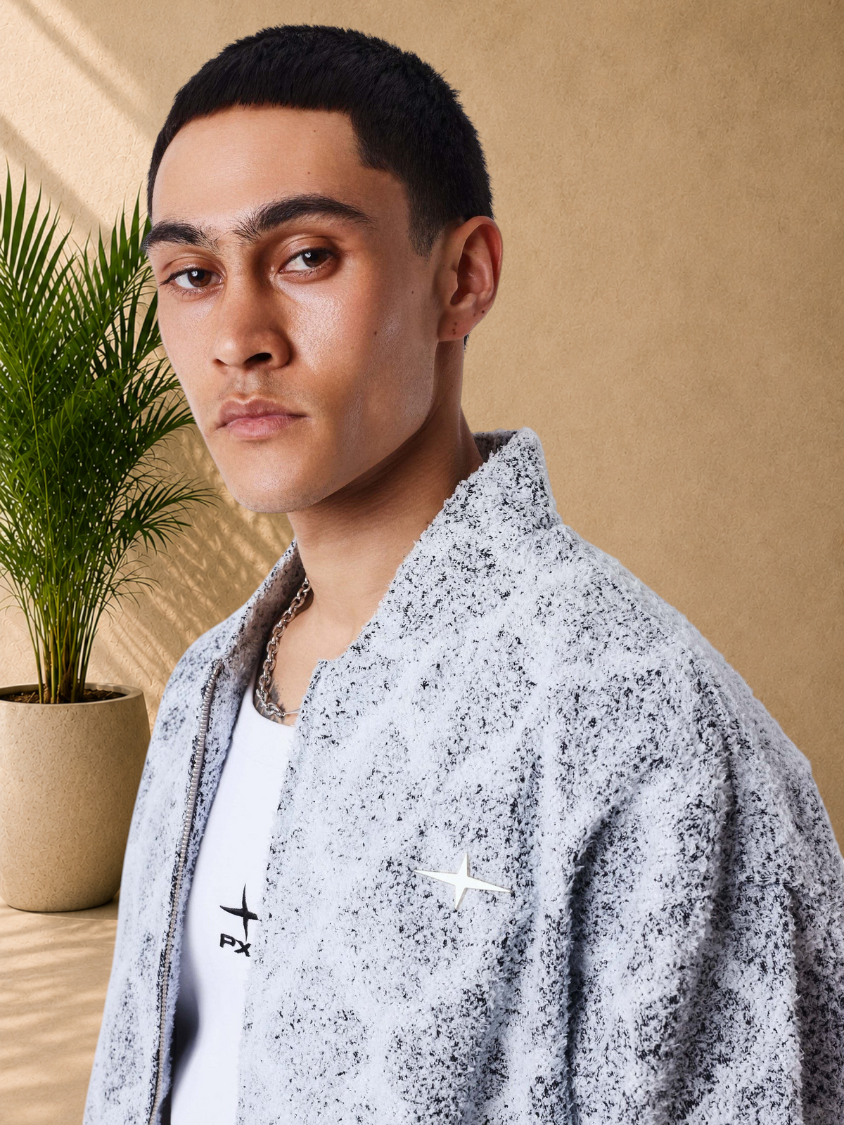 Stayin PXP grey mountain plaid zip-up vest with soft mohair-effect knit and shirt collar worn by a male model